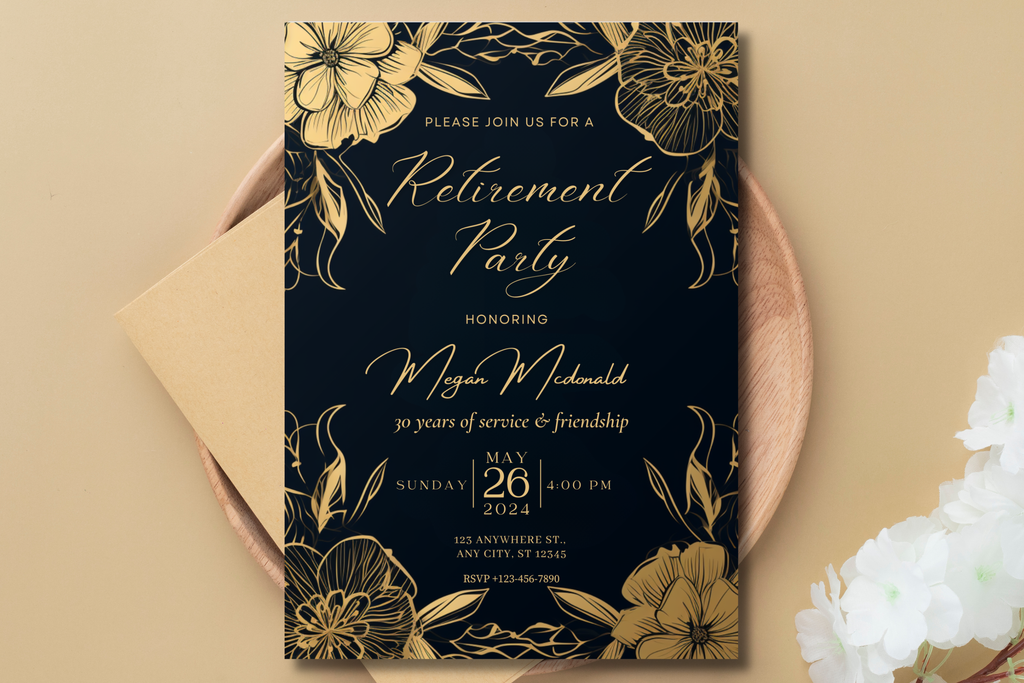 Invitation à un pot de départ Fleuri Noir et Or | Modèle Canva | Invitation à imprimer soi-même | Design #155