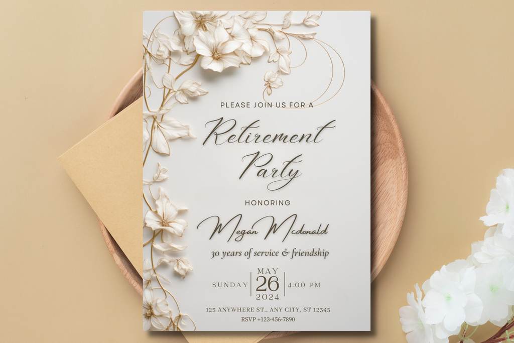 White Flower Retirement Party Invitation | Canva Template | Print at Home Invitation | Design #157