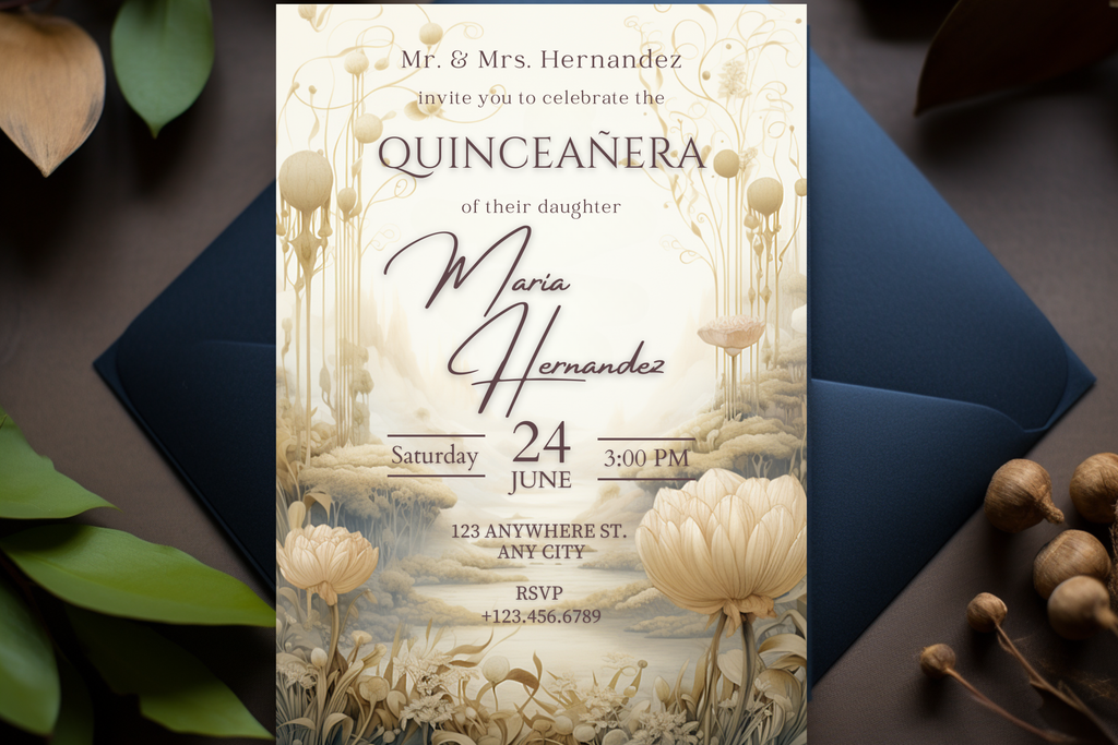 Invitation de fête de Quinceañera avec fleurs beiges et blanches | Modèle Canva | Invitation à imprimer à la maison | Design #176