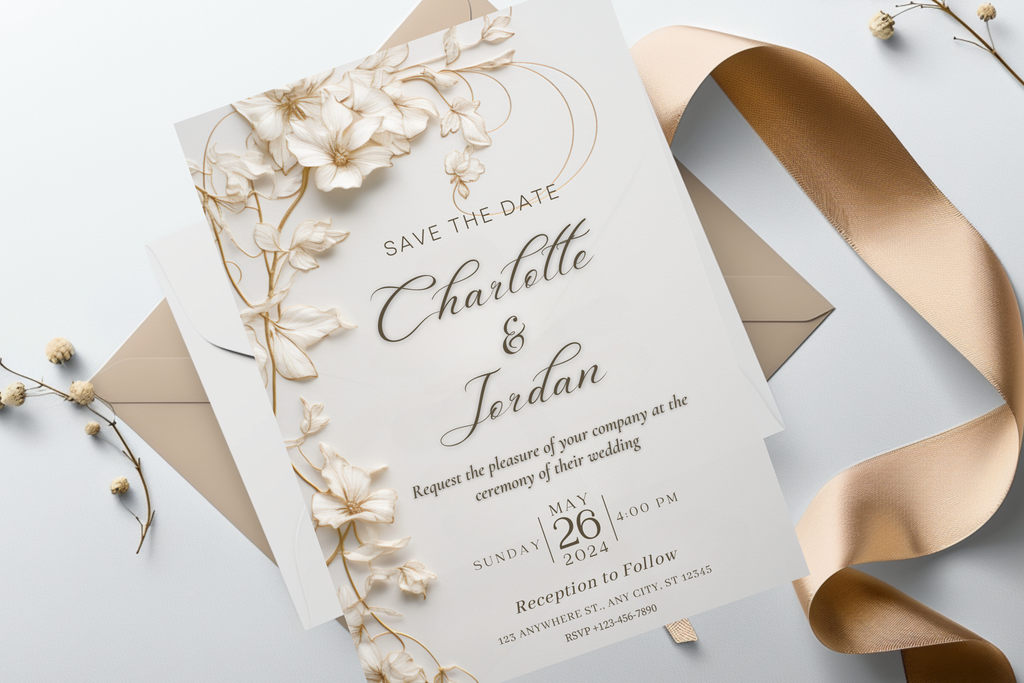 Cremefarbene und weiße Blumen Save the Date Hochzeitseinladung | Canva Vorlage | Zum Ausdrucken zu Hause | Design #129
