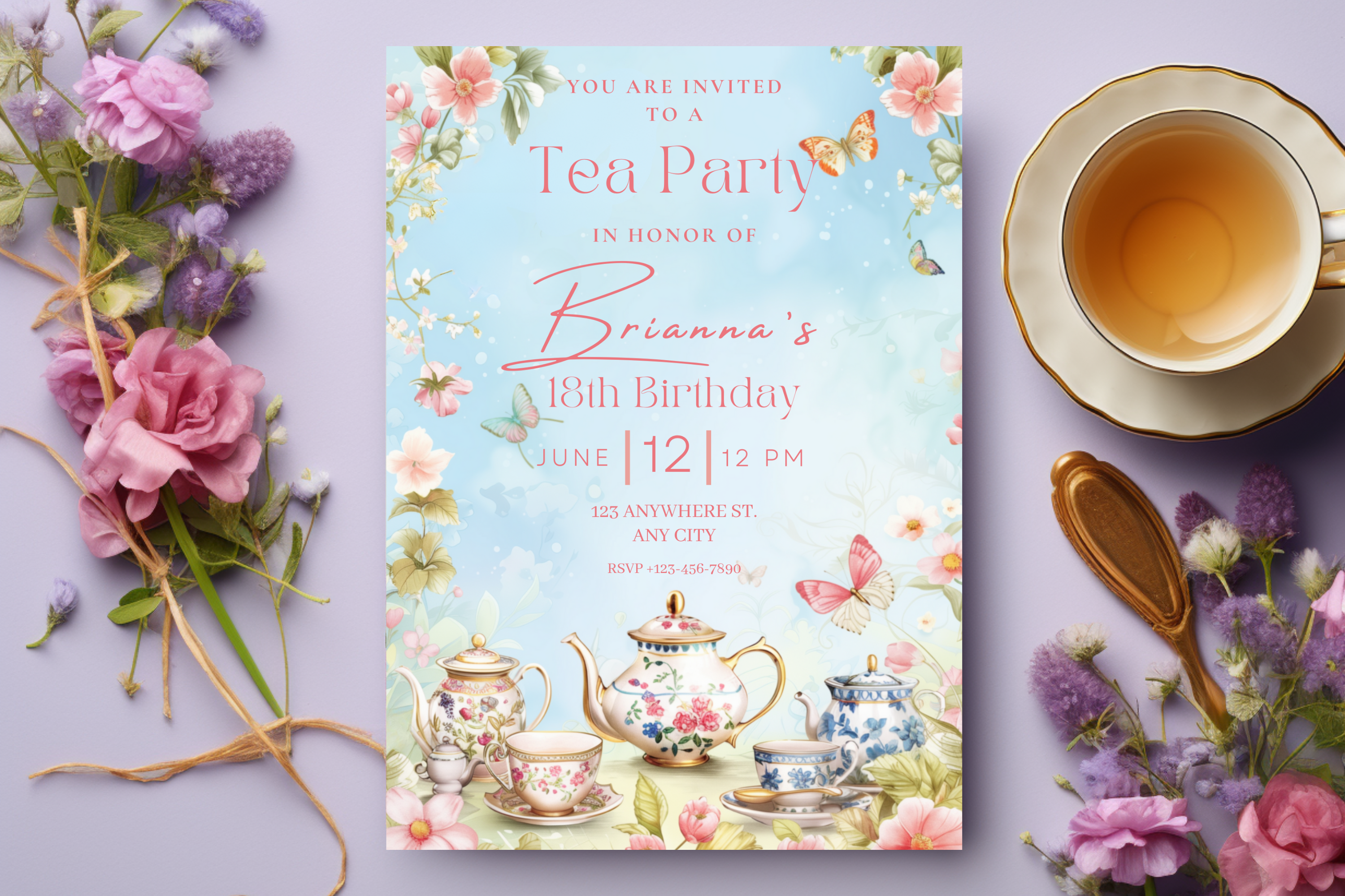 Birthday Tea Party Invitation | Blue & Pink Birthday Garden Tea Party Invite | Canva Template | Print at Home Invitation | Design #128