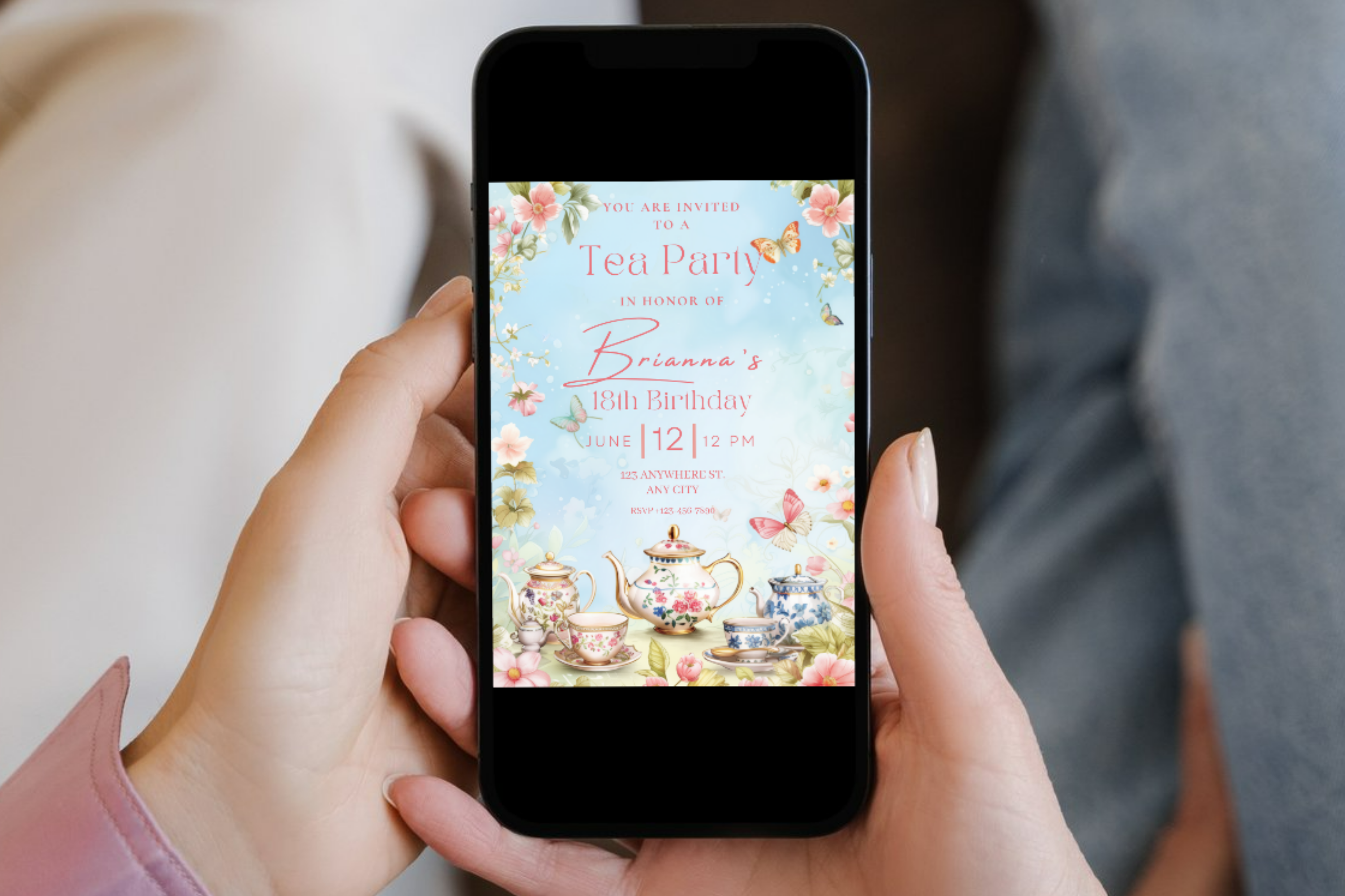 Birthday Tea Party Invitation | Blue & Pink Birthday Garden Tea Party Invite | Canva Template | Print at Home Invitation | Design #128