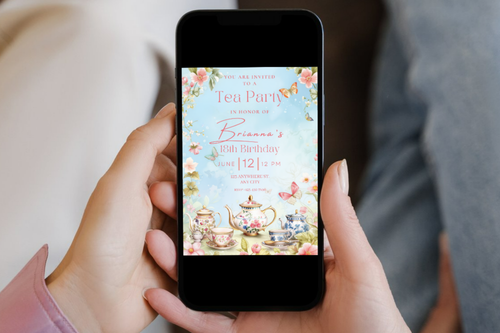Birthday Tea Party Invitation | Blue & Pink Birthday Garden Tea Party Invite | Canva Template | Print at Home Invitation | Design #128