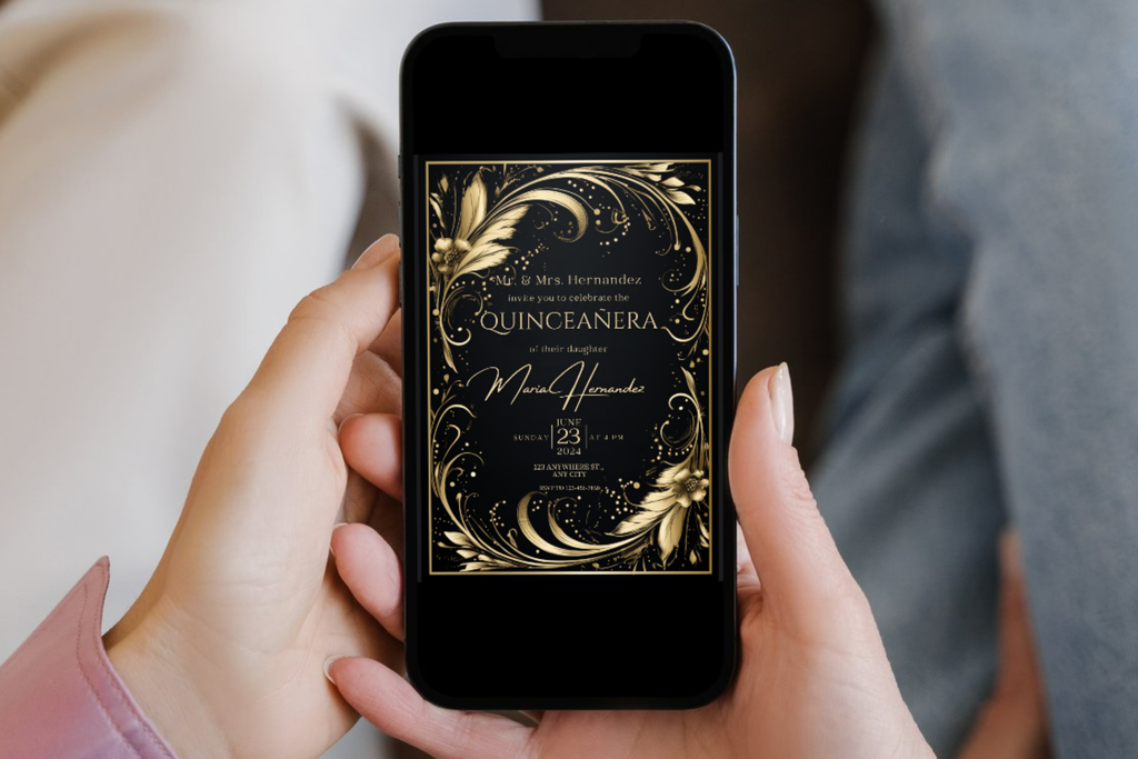 Invitation de Quinceañera Plume Noire et Or | Modèle Canva | Invitation à imprimer soi-même | Design #162
