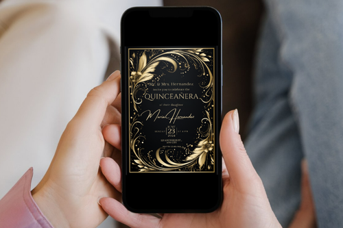 Black and Gold Feather Quinceañera Party Invitation | Canva Template | Print at Home Invitation | Design #162