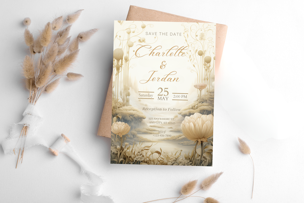 White Flower Save the Date Wedding Invitation | Cream and Gold Landscape Invitation | Canva Template | Print at Home Invitation | Design #130