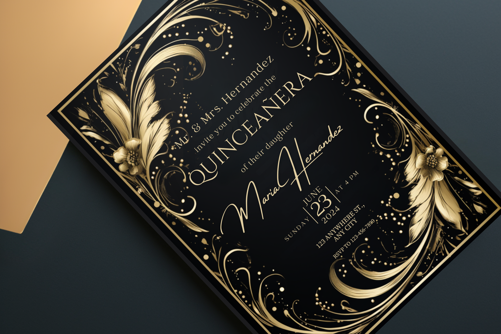 Invitation de Quinceañera Plume Noire et Or | Modèle Canva | Invitation à imprimer soi-même | Design #162
