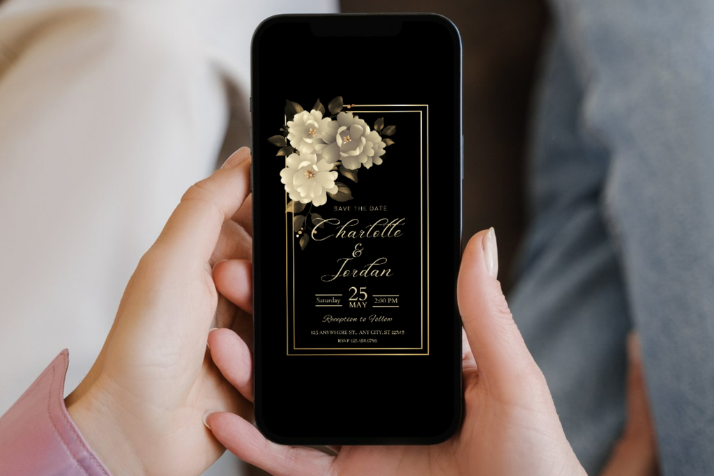 Black and White Flower Wedding Save the Date Invitation | Black and Gold Invitation | Canva Template | Print at Home Invitation | Design #131
