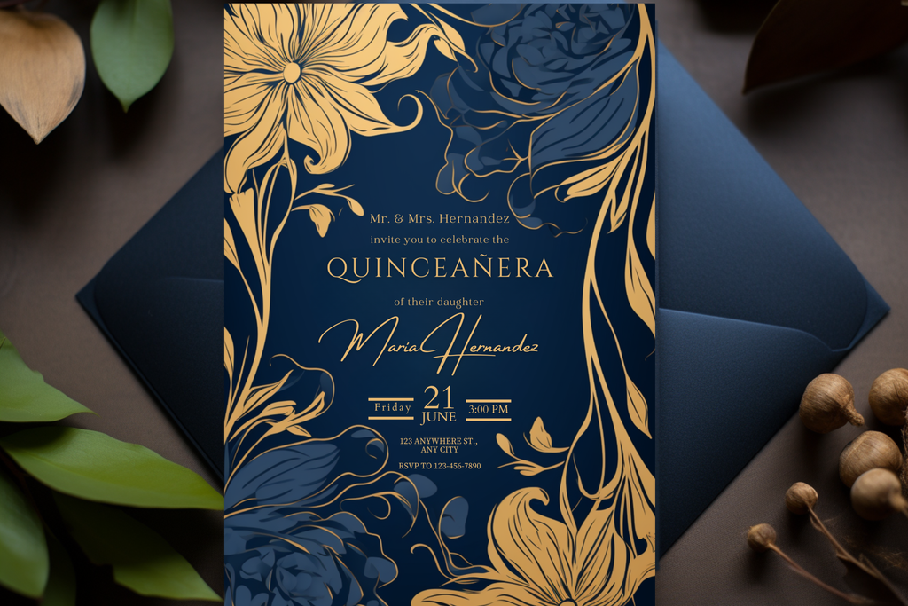 Blue and Gold Flower Quinceañera Party Invitation | Canva Template | Print at Home Invitation | Design #163