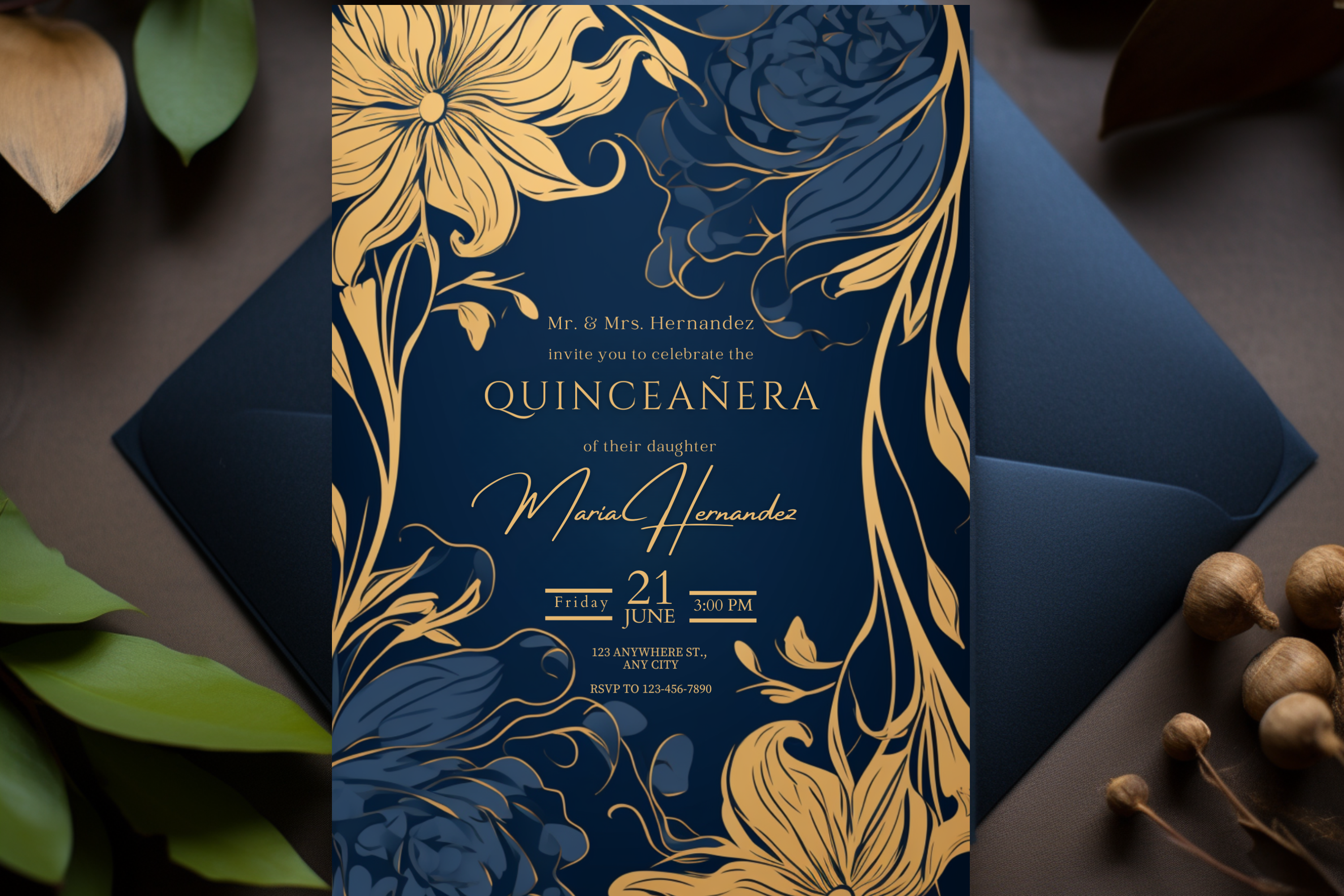 Invitation à la Quinceañera Fleurs Bleues et Dorées | Modèle Canva | Invitation à imprimer soi-même | Design #163