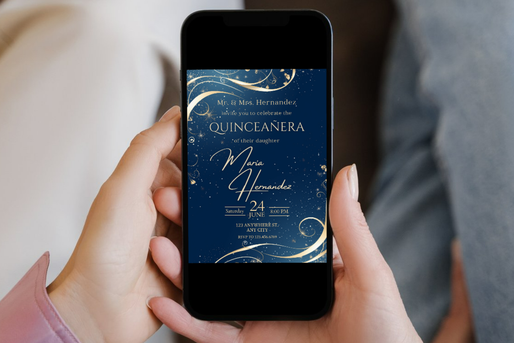Blue and Gold Swirl Quinceañera Party Invitation | Canva Template | Print at Home Invitation | Design #164