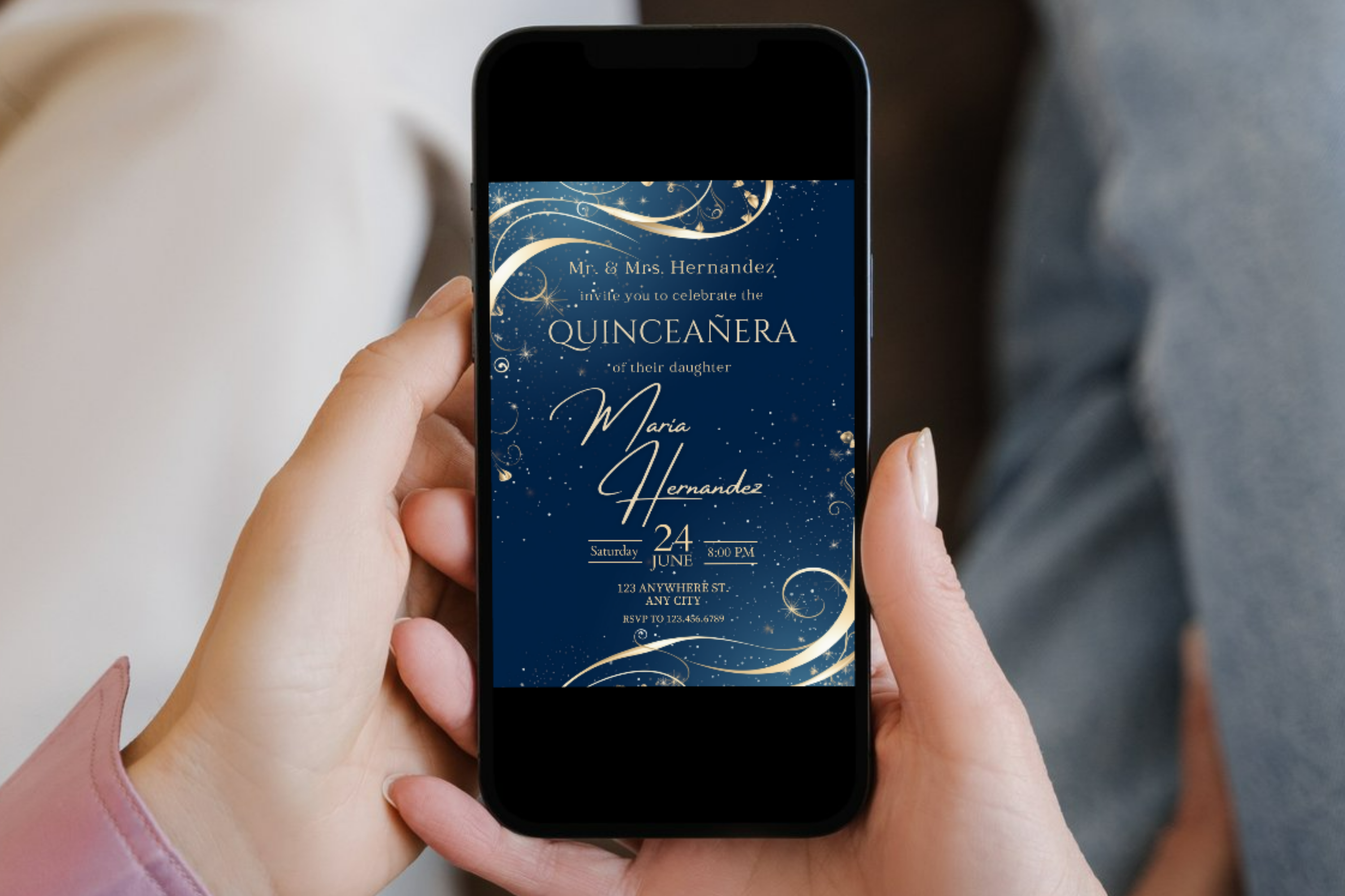 Invitation de fête de Quinceañera tourbillon bleu et or | Modèle Canva | Invitation à imprimer à la maison | Design #164