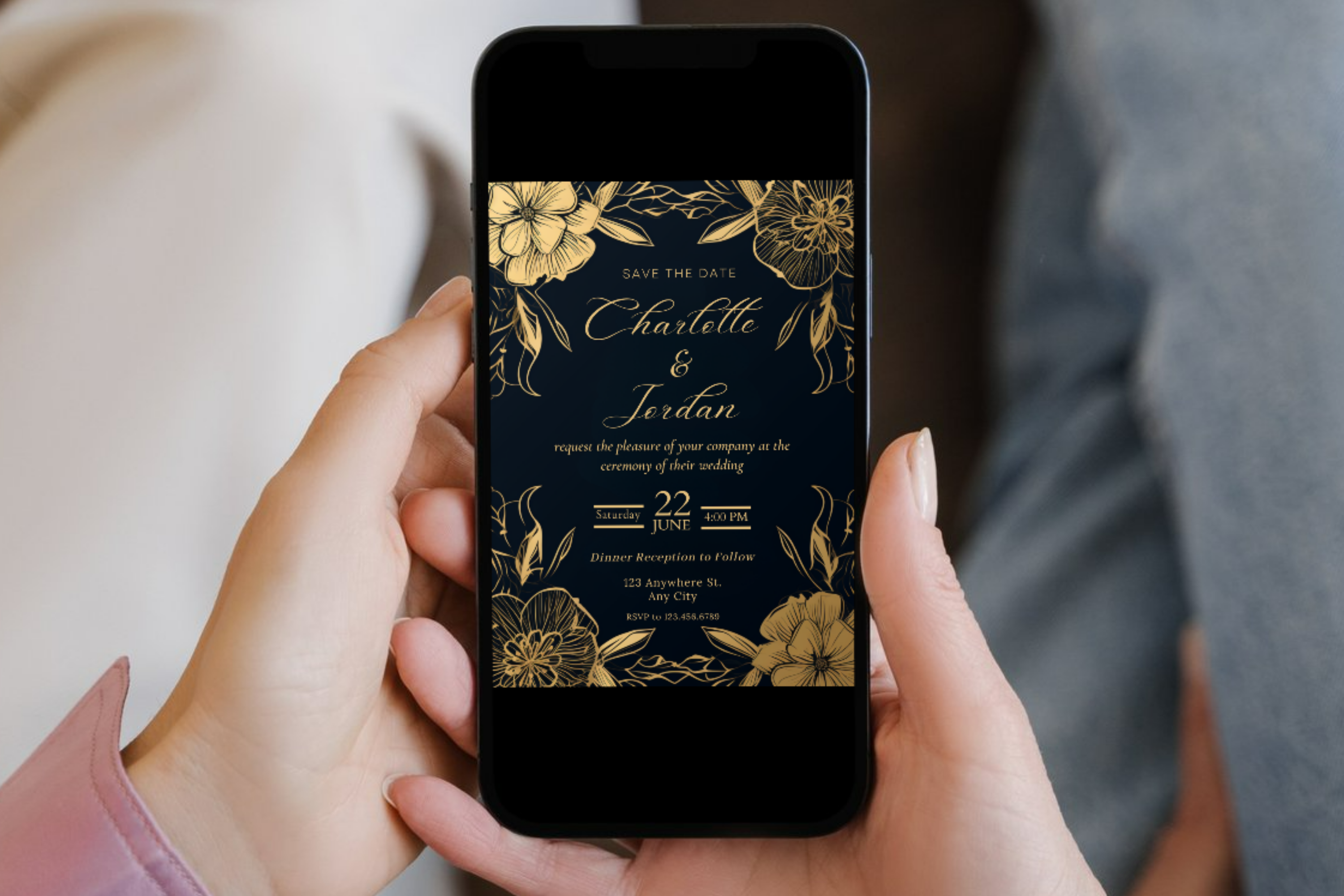 Black and Gold Flower Wedding Save the Date Invitation | Gold Floral Invitation | Canva Template | Print at Home Invitation | Design #132