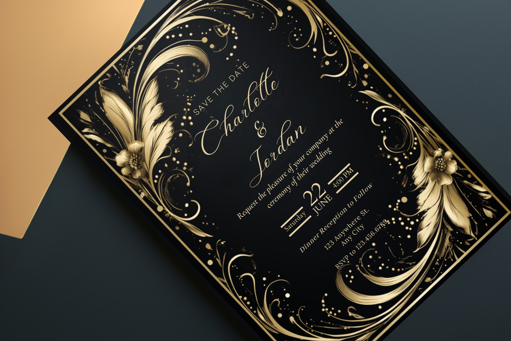 Black and Gold Feather Wedding Save the Date Invitation | Canva Template | Print at Home Invitation | Design #133