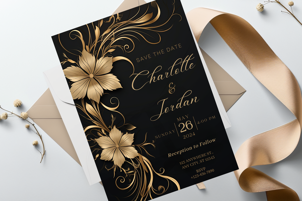 Black and Gold Flower Wedding Save the Date Invitation | Gold Floral Invitation | Canva Template | Print at Home Invitation | Design #134