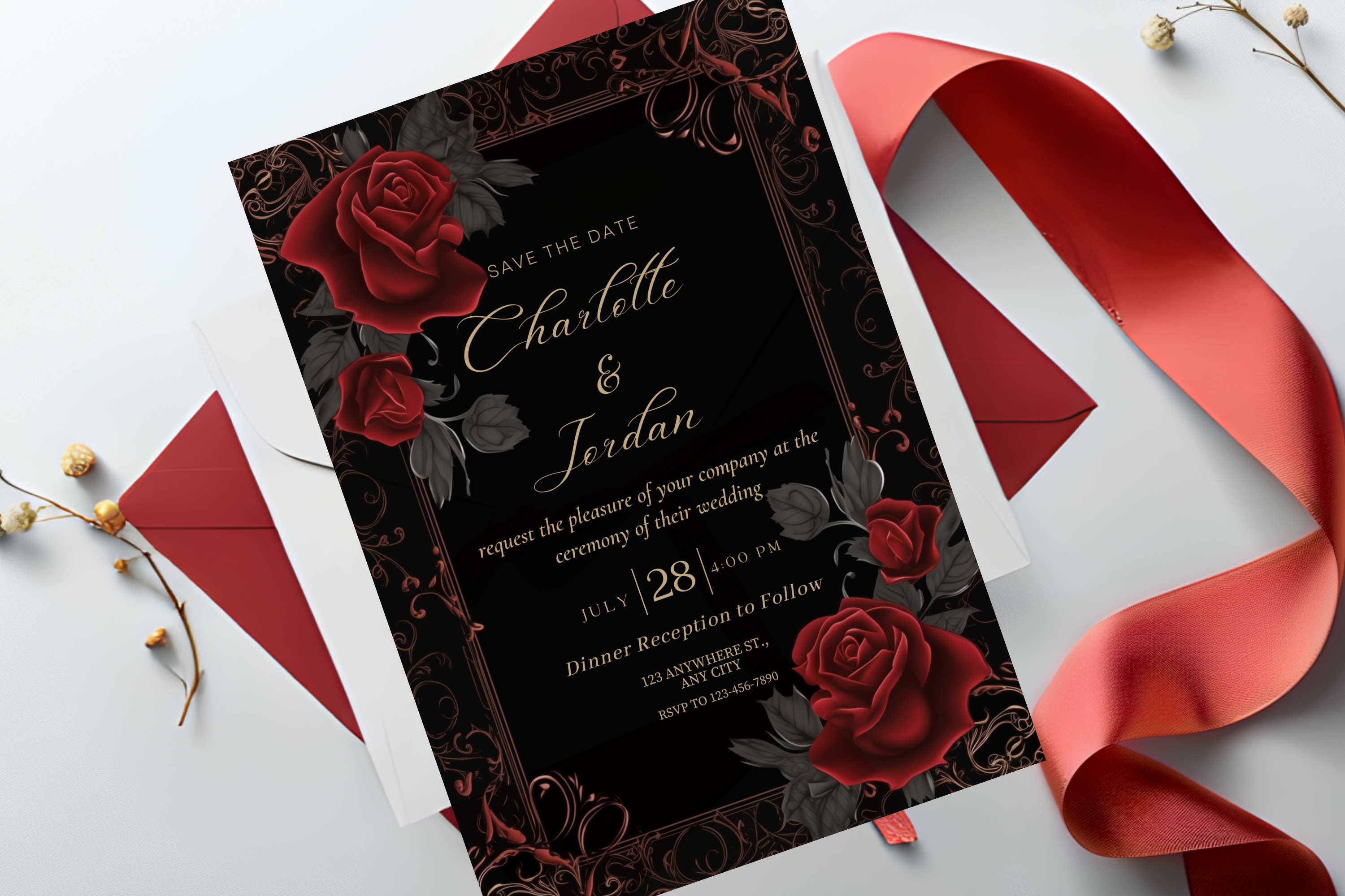Red Rose Wedding Save the Date Invitation | Black & Red Flower Invitation | Canva Template | Print at Home Invitation | Design #135