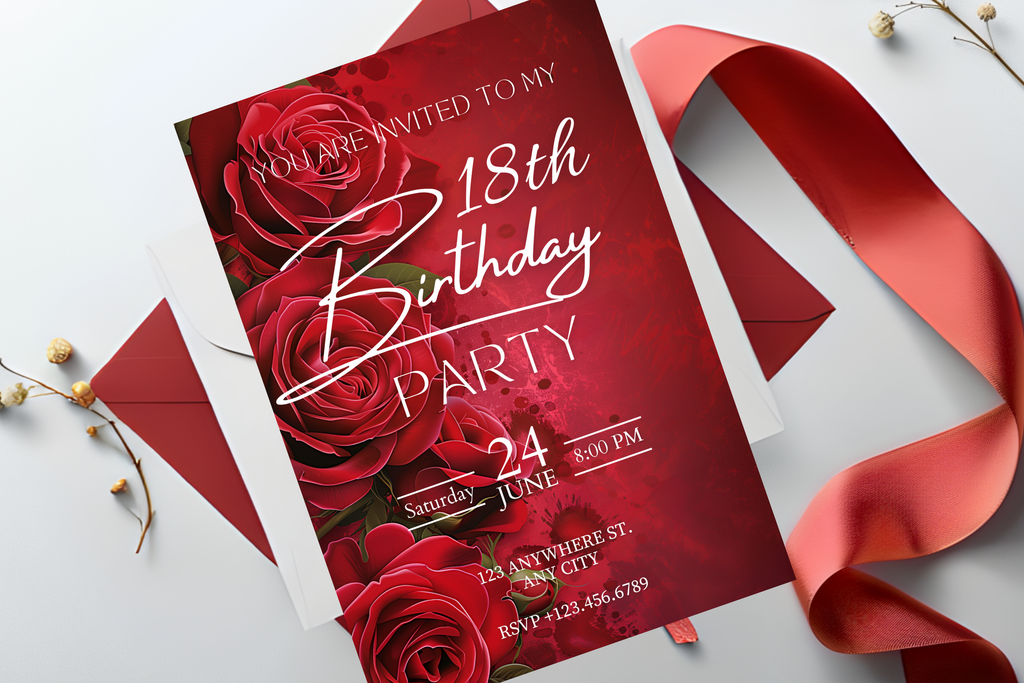 Einladung zur Geburtstagsfeier Rote Rose | Canva-Vorlage | Einladung zum Ausdrucken für Zuhause | Design #183