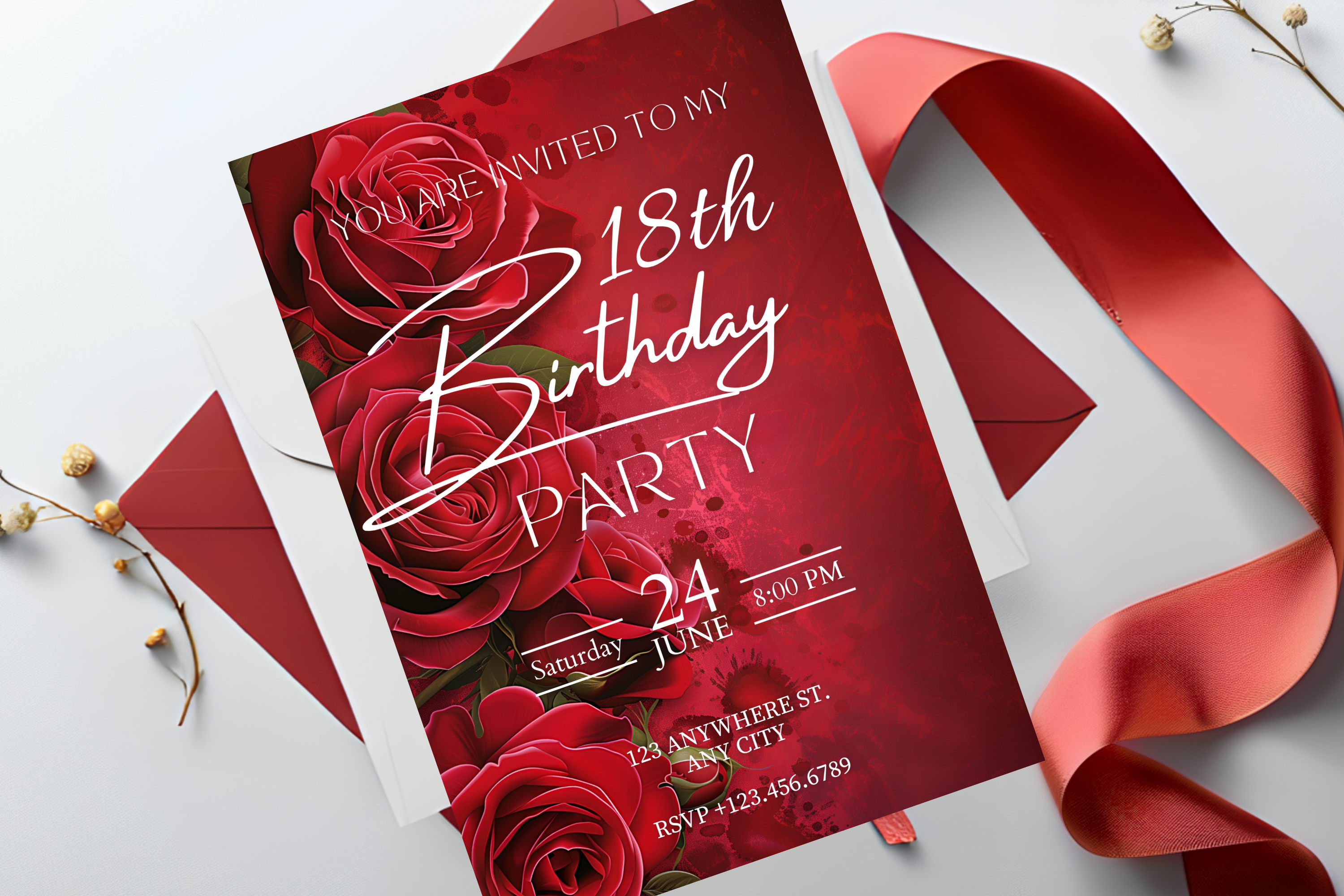 Red Rose Birthday Party Invitation | Canva Template | Print at Home Invitation | Design #183