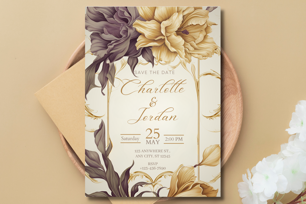 Brown and Gold Flower Save the Date Wedding Invite | Taupe Brown & Gold Invitation | Canva Template | Print at Home Invitation | Design #136
