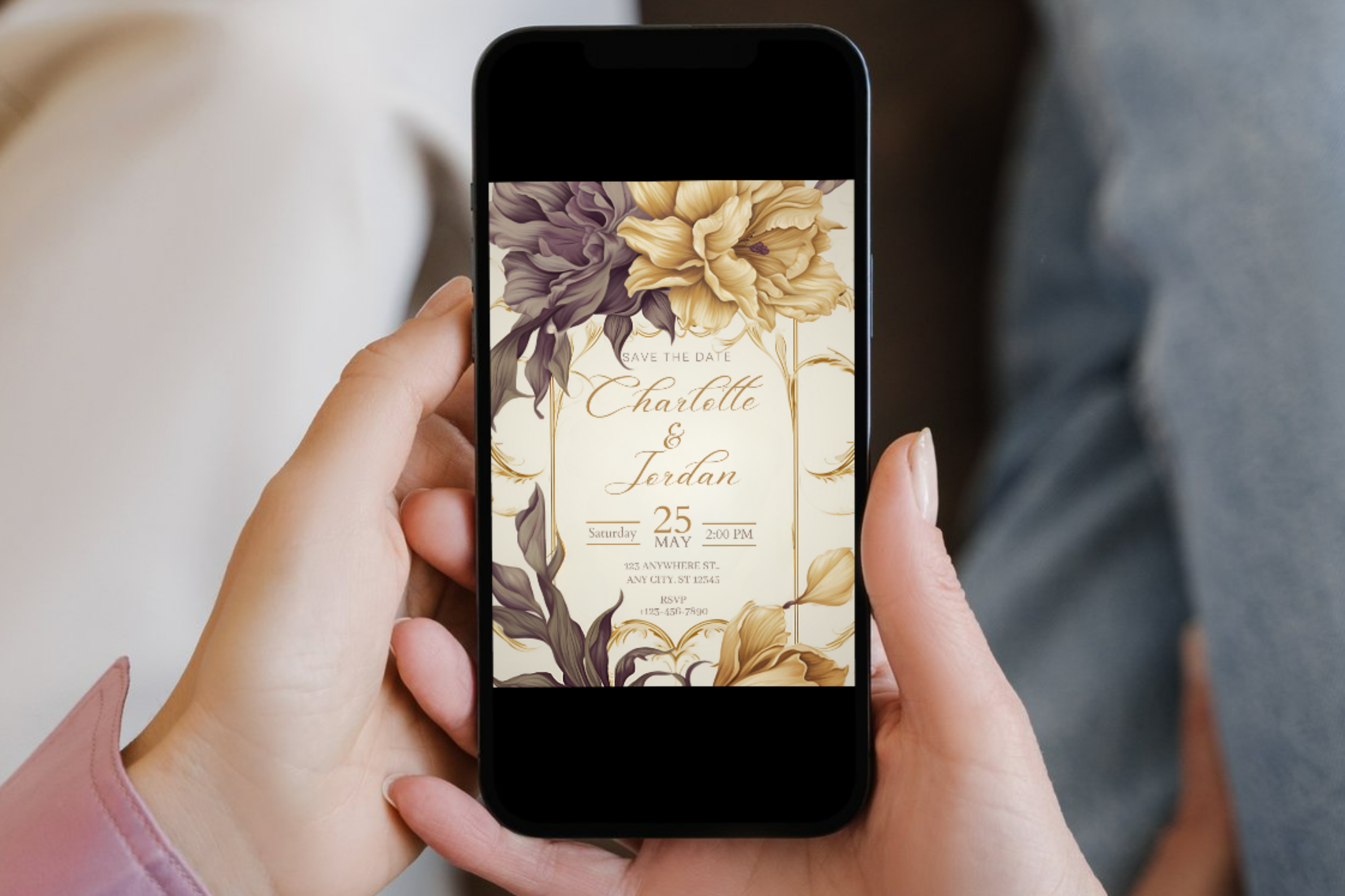 Brown and Gold Flower Save the Date Wedding Invite | Taupe Brown & Gold Invitation | Canva Template | Print at Home Invitation | Design #136