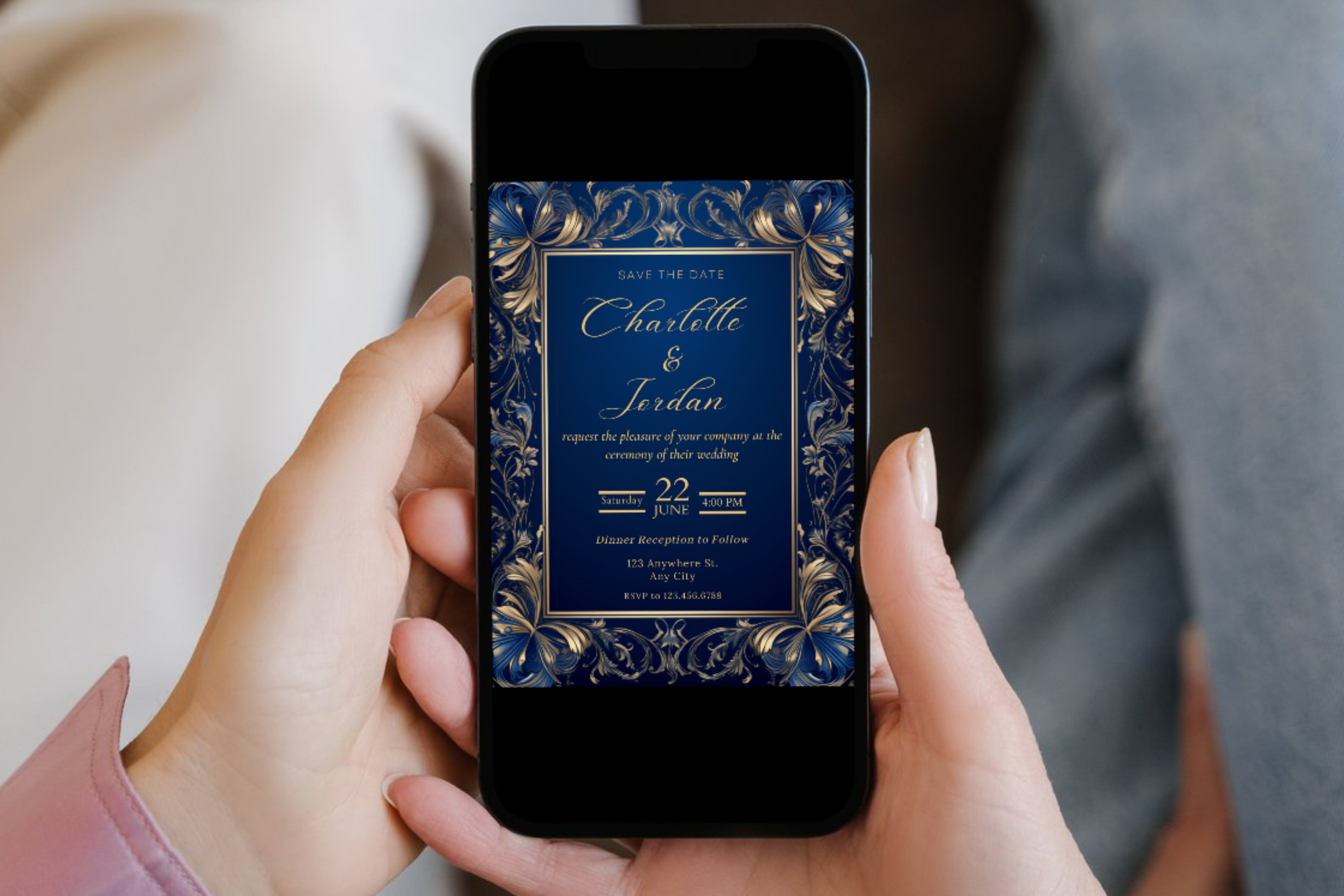 Faire-part de mariage bleu et or | Faire-part de mariage bleu marine et or | Modèle Canva | Faire-part à imprimer à la maison | Modèle n° 137