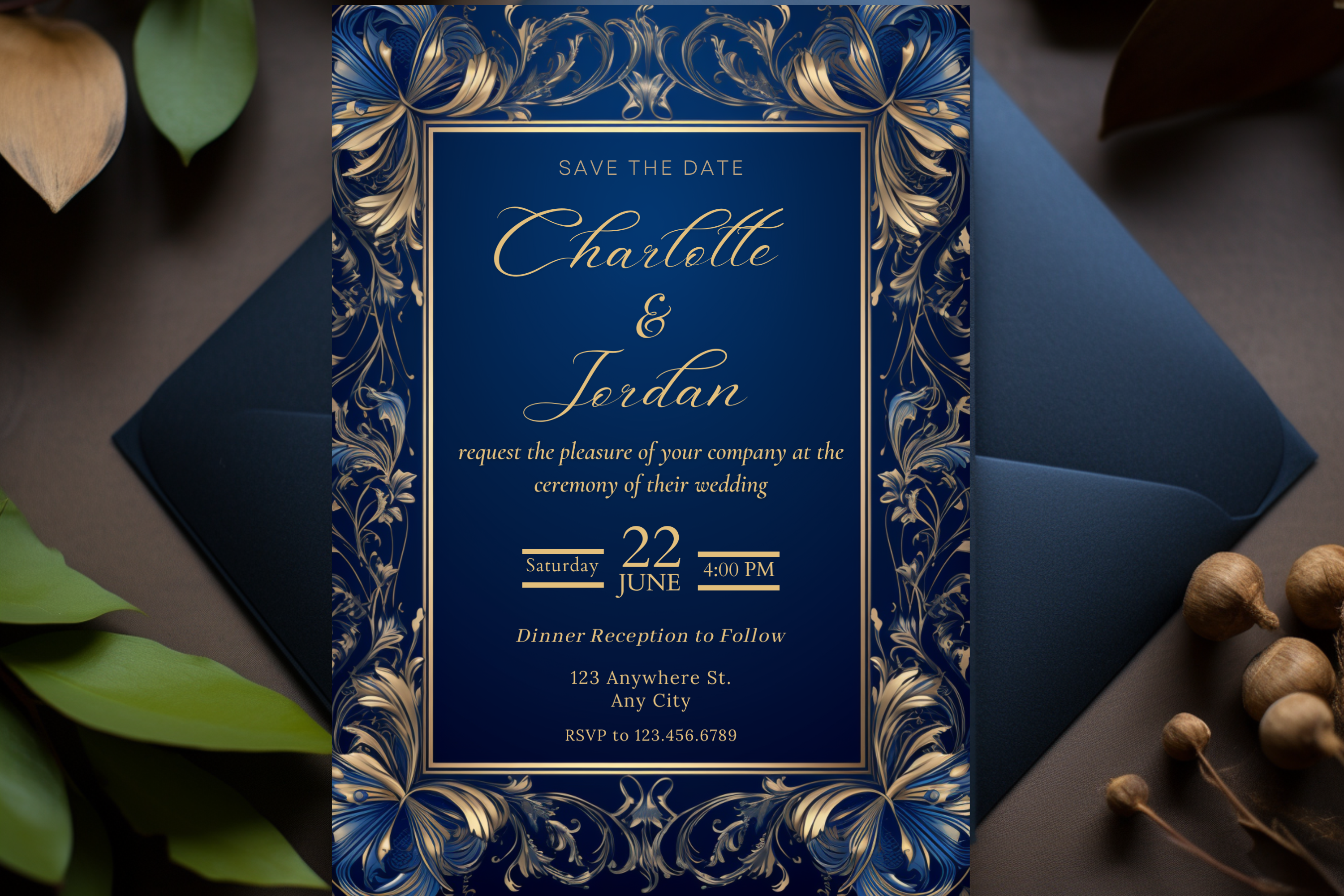 Faire-part de mariage bleu et or | Faire-part de mariage bleu marine et or | Modèle Canva | Faire-part à imprimer à la maison | Modèle n° 137