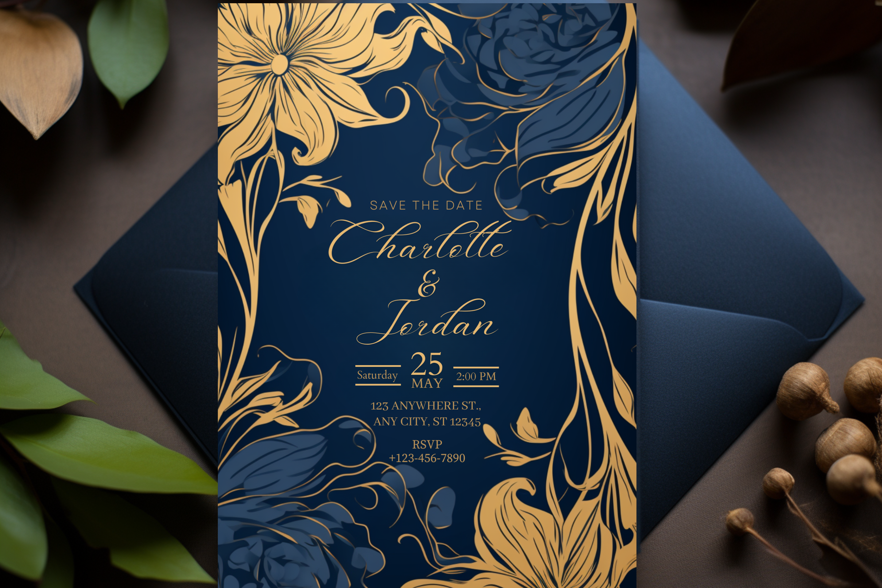 Faire-part de mariage bleu et or avec fleur | Invitation de mariage bleu marine et or | Modèle Canva | Invitation à imprimer soi-même | Modèle n°138