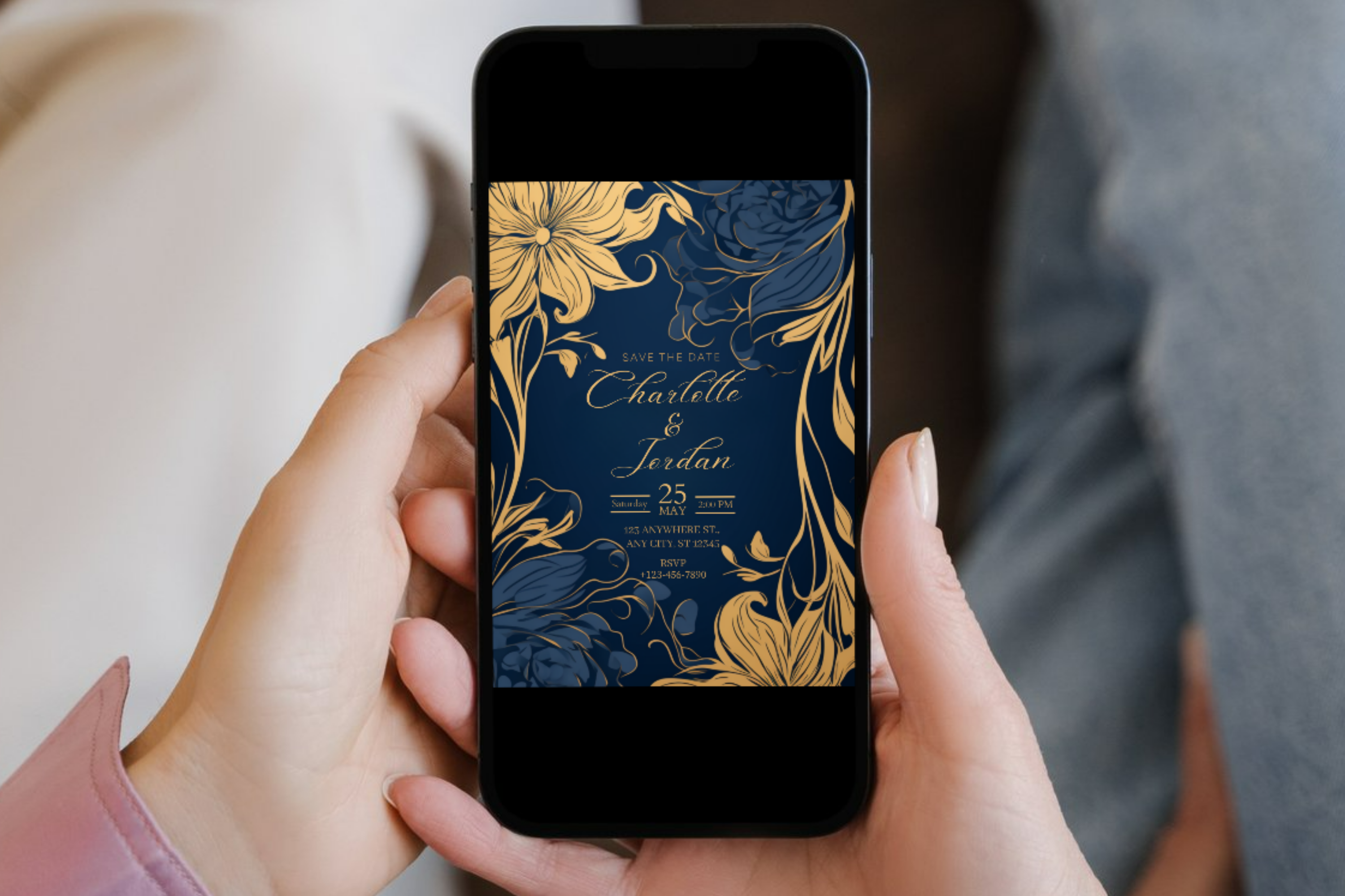 Faire-part de mariage bleu et or avec fleur | Invitation de mariage bleu marine et or | Modèle Canva | Invitation à imprimer soi-même | Modèle n°138