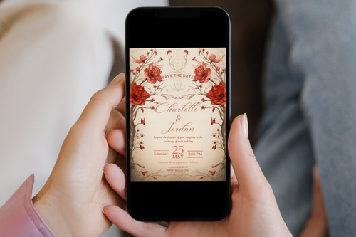 Invitation Faire-part de mariage beige et rouge à motif floral | Invitation marron et rouge | Modèle Canva | Invitation à imprimer soi-même | Modèle n°139