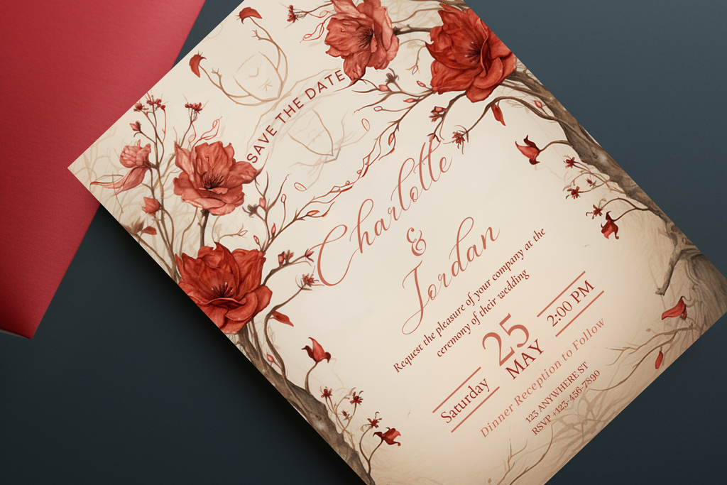 Beige and Red Flower Wedding Save the Date Invitation | Brown and Red Invitation | Canva Template | Print at Home Invitation | Design #139