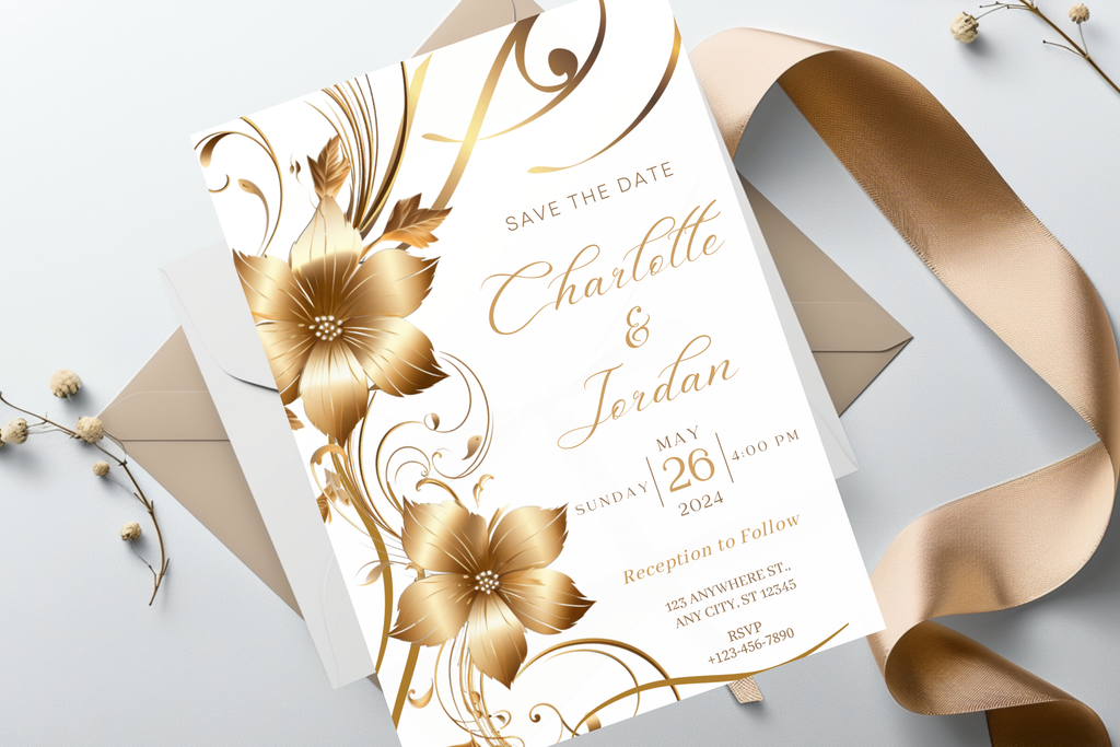 Gold Flower Wedding Save the Date Invitation | White & Gold Floral Invitation | Canva Template | Print at Home Invitation | Design #141