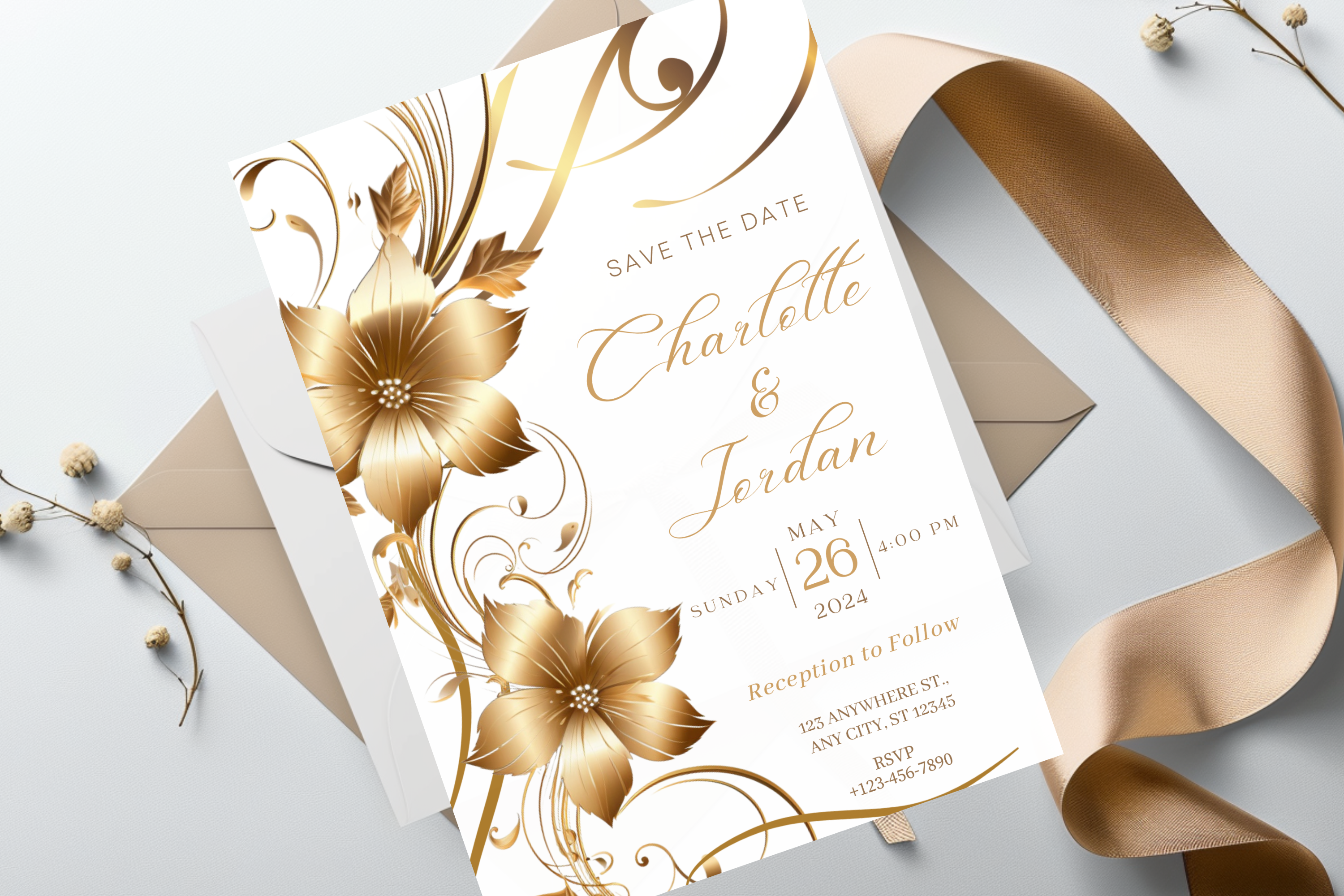 Gold Flower Wedding Save the Date Invitation | White & Gold Floral Invitation | Canva Template | Print at Home Invitation | Design #141