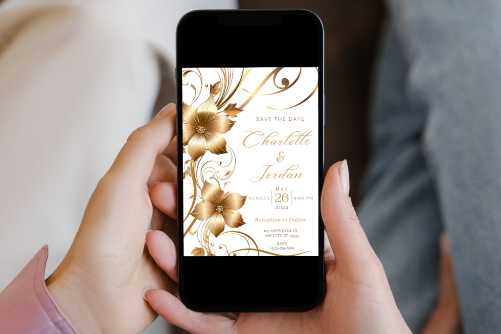 Gold Flower Wedding Save the Date Invitation | White & Gold Floral Invitation | Canva Template | Print at Home Invitation | Design #141