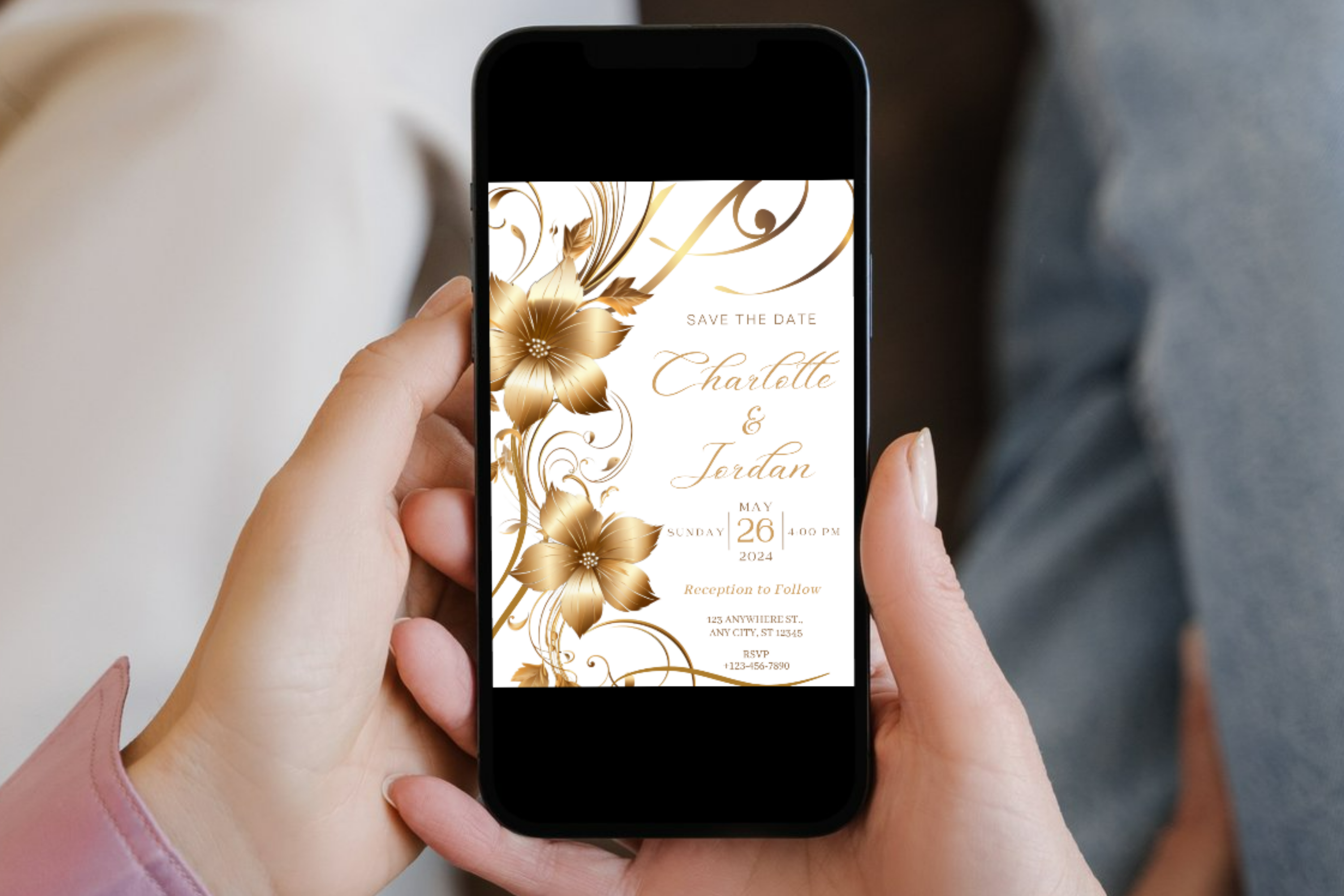 Gold Flower Wedding Save the Date Invitation | White & Gold Floral Invitation | Canva Template | Print at Home Invitation | Design #141