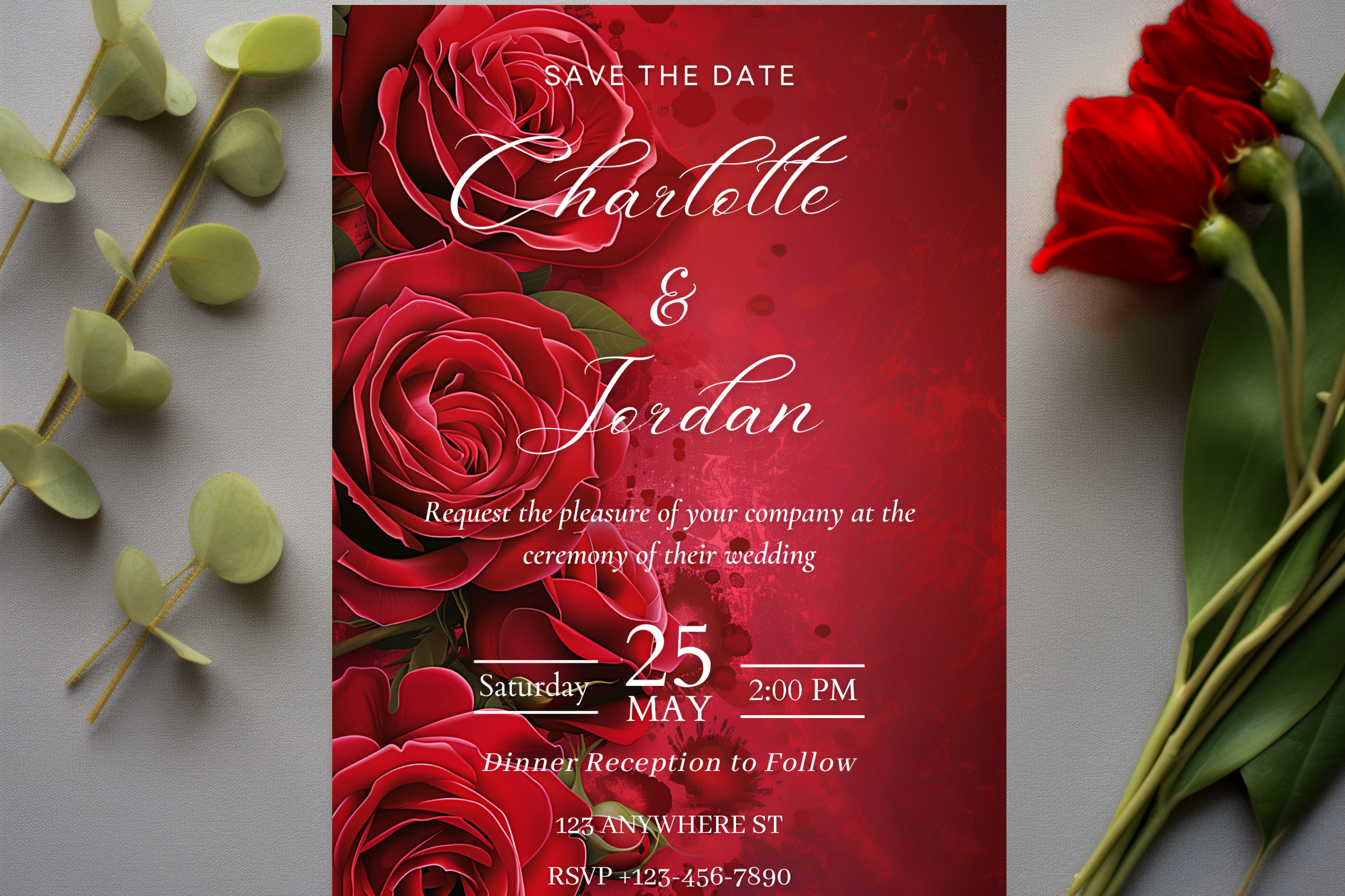 Red Rose Wedding Save the Date Invitation | Canva Template | Print at Home Invitation | Design #142