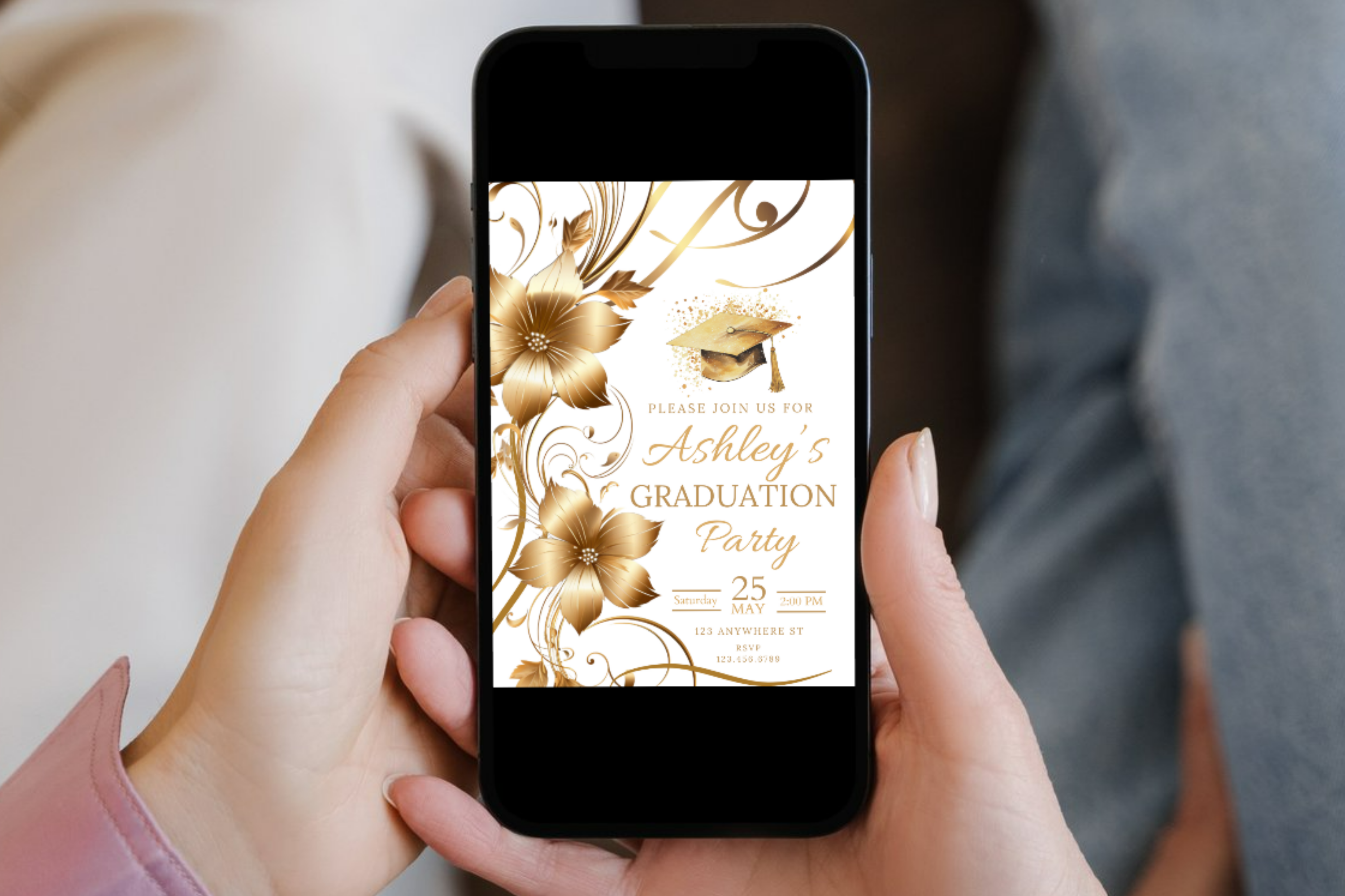White and Gold Flower Graduation Party Invitation | Canva Template | Print at Home Invitation | Design #103