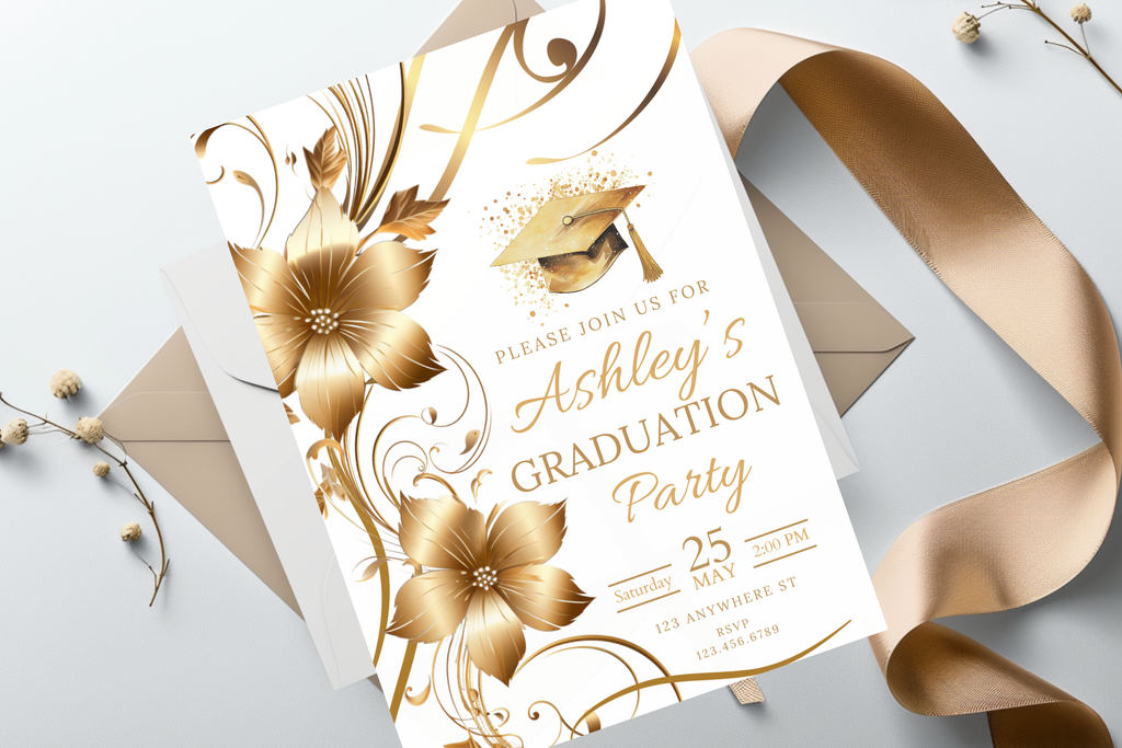 White and Gold Flower Graduation Party Invitation | Canva Template | Print at Home Invitation | Design #103
