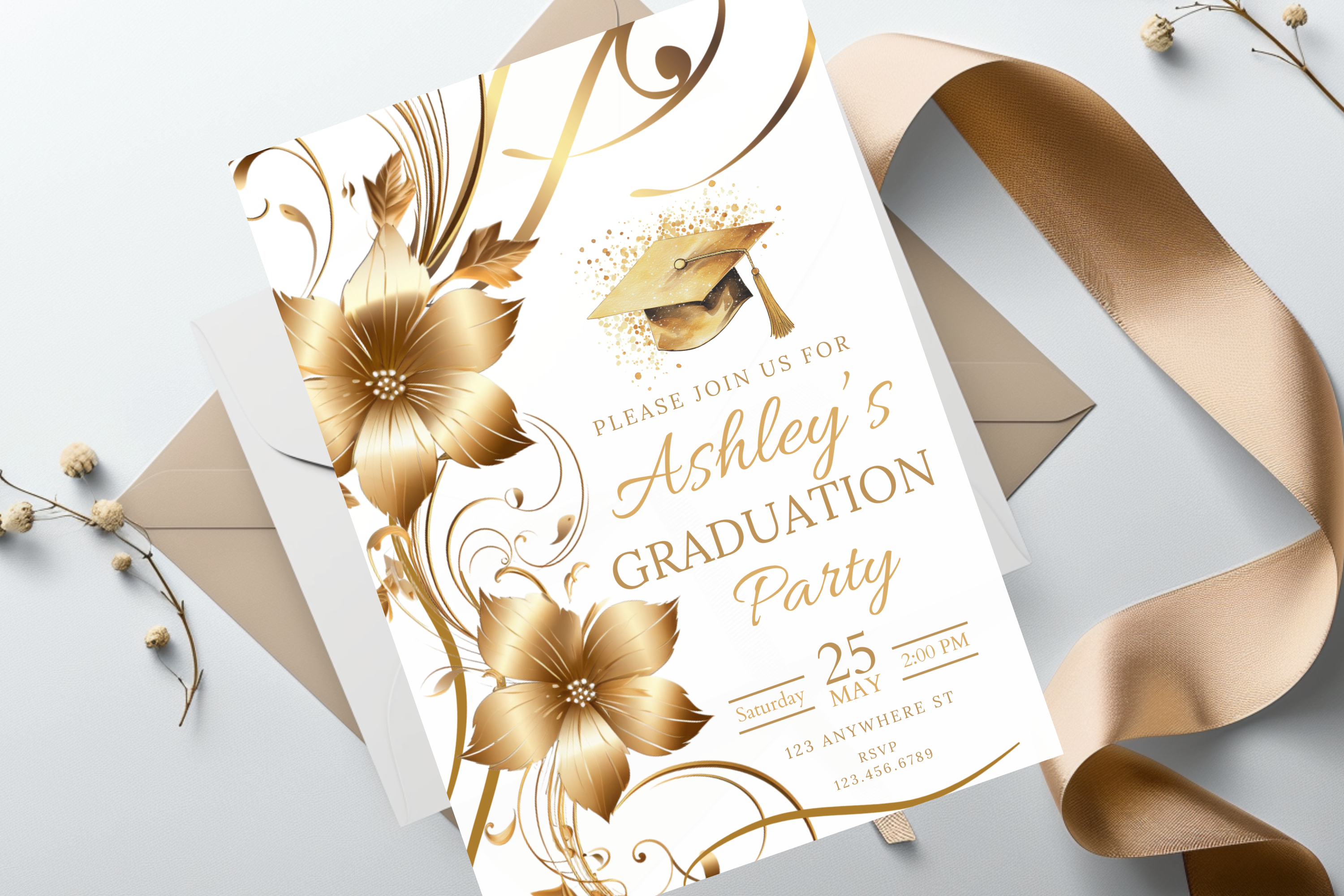 White and Gold Flower Graduation Party Invitation | Canva Template | Print at Home Invitation | Design #103