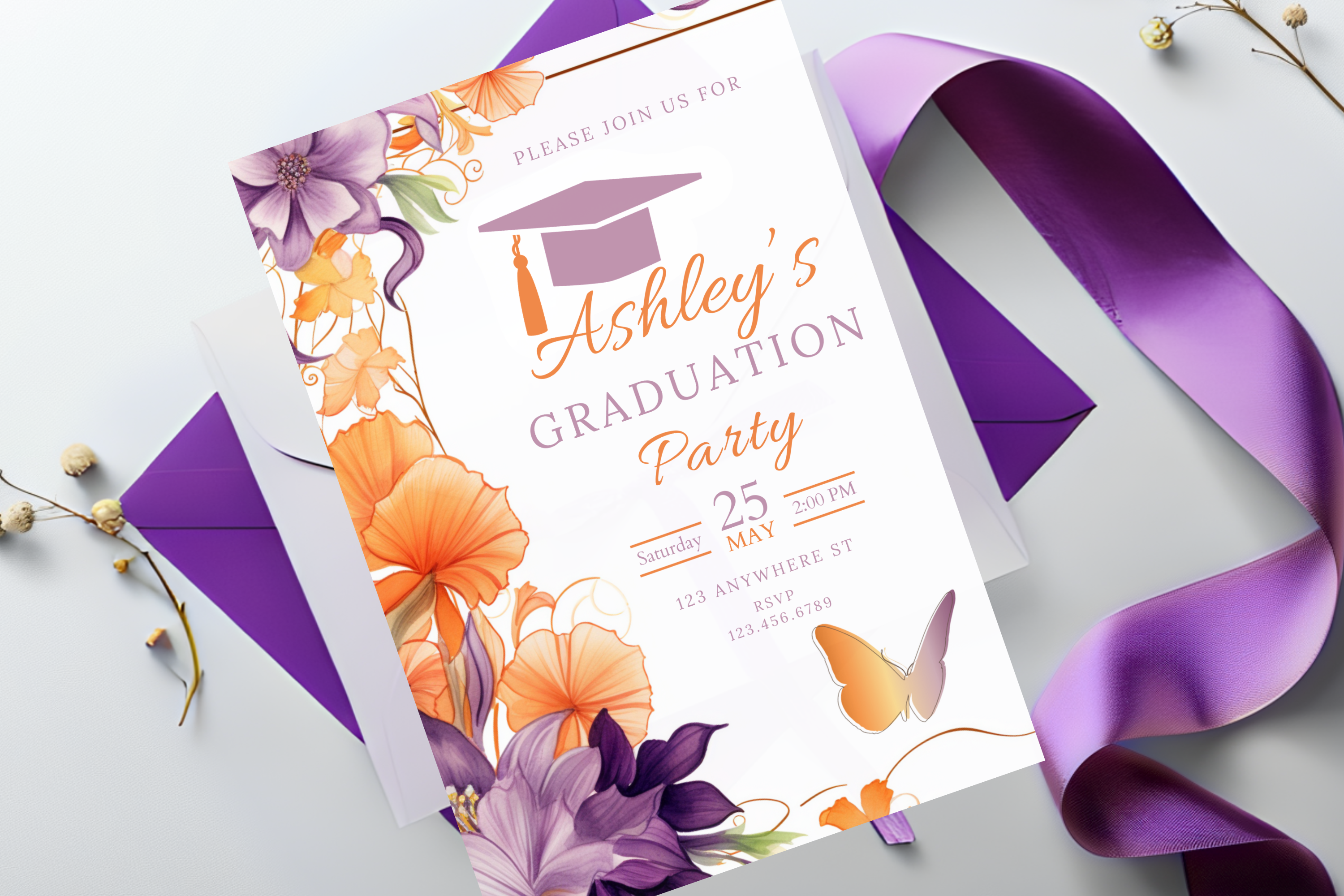 Purple and Orange Flower Graduation Party Invitation | Canva Template | Print at Home Invitation | Design #104