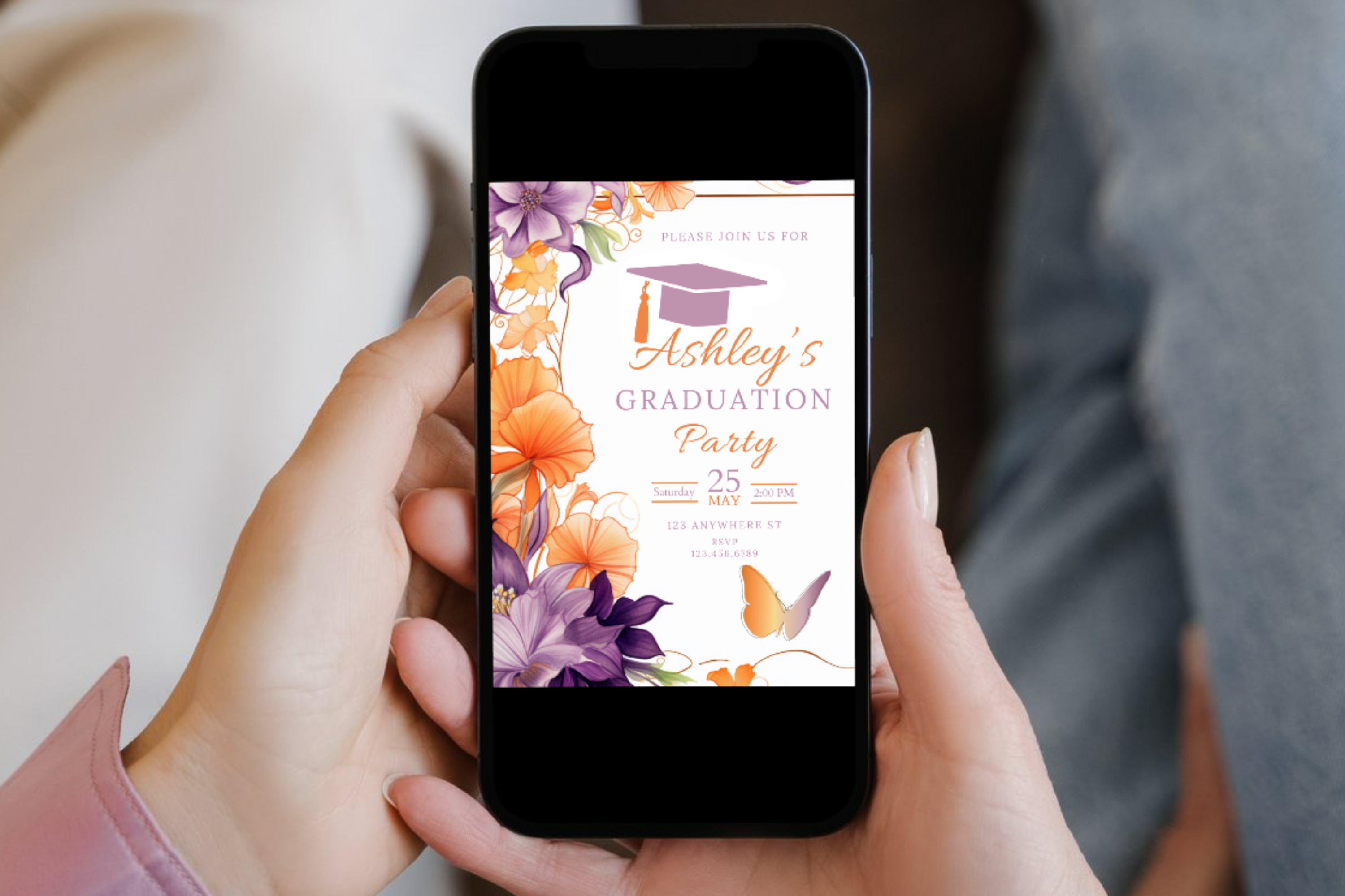 Purple and Orange Flower Graduation Party Invitation | Canva Template | Print at Home Invitation | Design #104