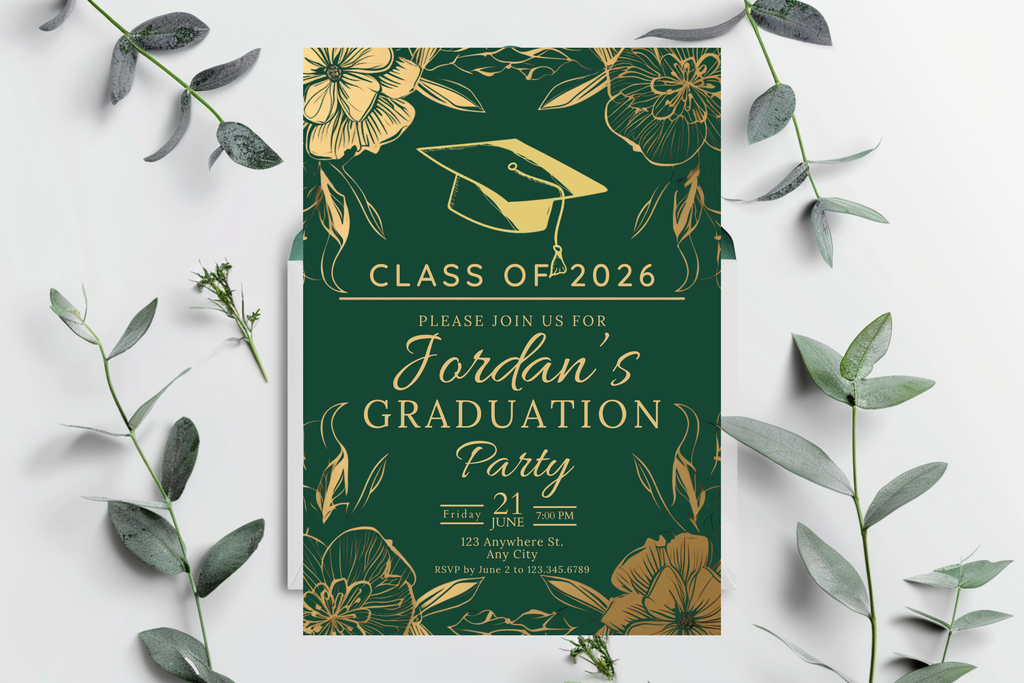 Green and Gold Flower Graduation Party Invitation | Canva Template | Print at Home Invitation | Design #105