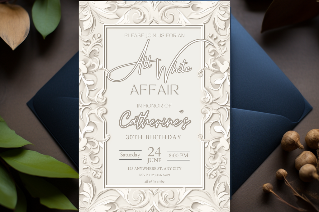 Einladung zur All White Affair Party | Creme- & weiße Blumen-Geburtstagseinladung | Canva Vorlage | Zuhause drucken Einladung | Design #152