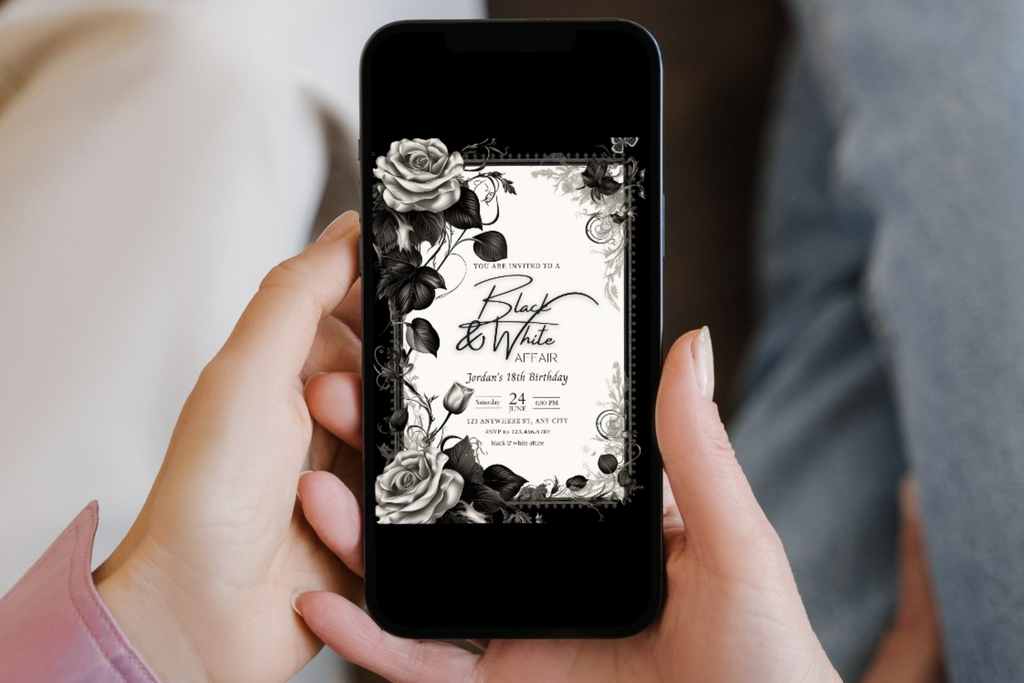 Black and White Affair Birthday Party Invitation | Black and White Flower Invite | Canva Template | Print at Home Invitation | Design #144