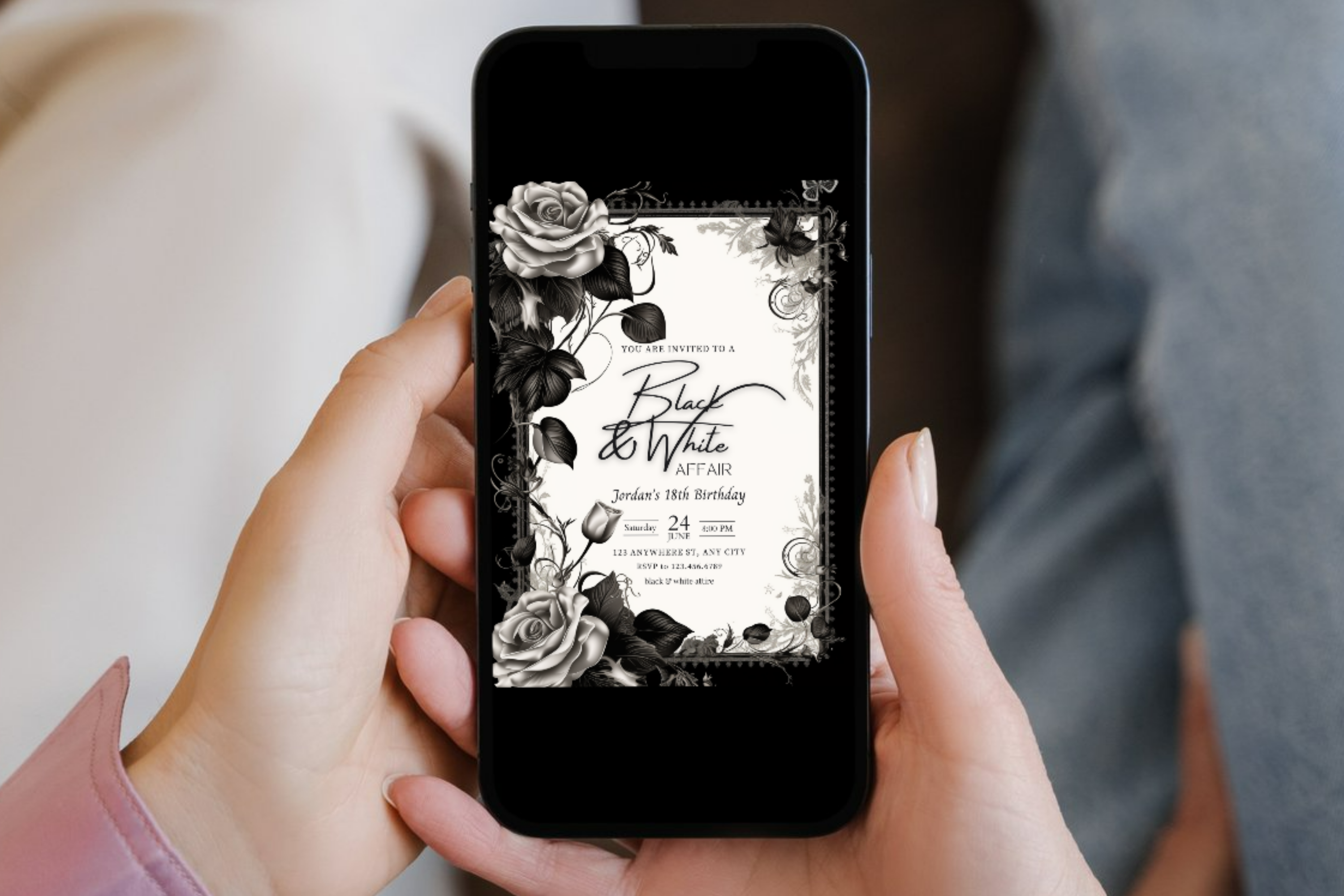 Invitation d'anniversaire Soirée Noire et Blanche | Invitation Fleur Noire et Blanche | Modèle Canva | Invitation à imprimer à la maison | Design #144