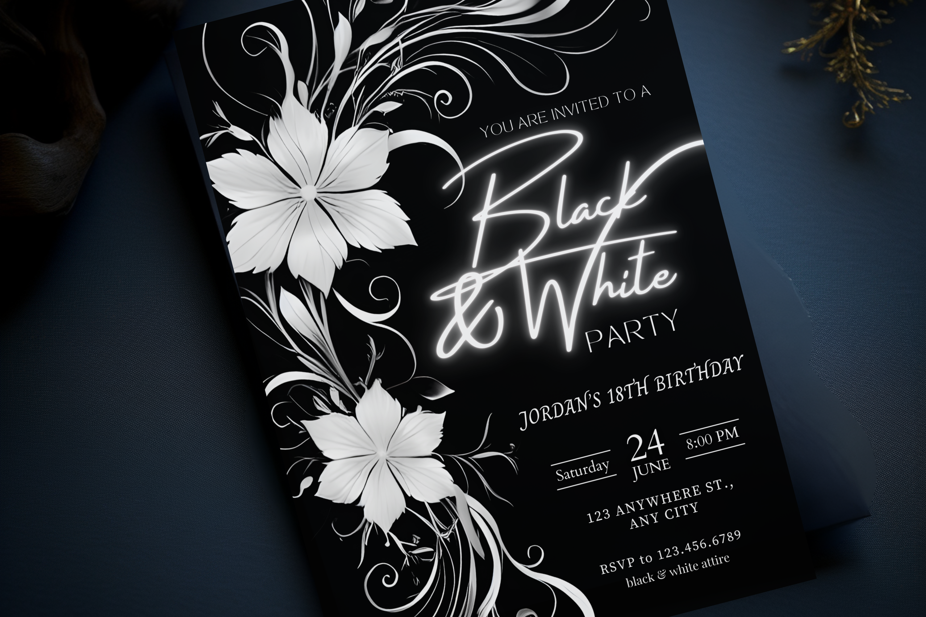 Invitation d'anniversaire Soirée Noire et Blanche | Invitation Fleurs Noires et Blanches | Modèle Canva | Invitation à imprimer soi-même | Modèle n°145