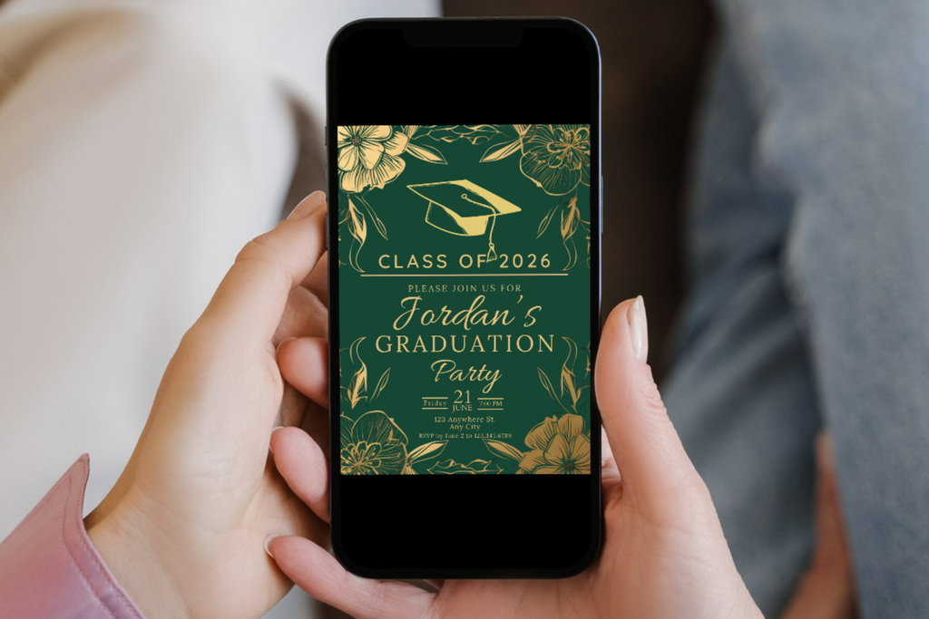 Green and Gold Flower Graduation Party Invitation | Canva Template | Print at Home Invitation | Design #105