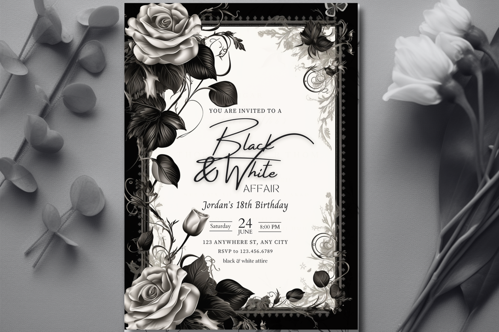 Black and White Affair Birthday Party Invitation | Black and White Flower Invite | Canva Template | Print at Home Invitation | Design #144