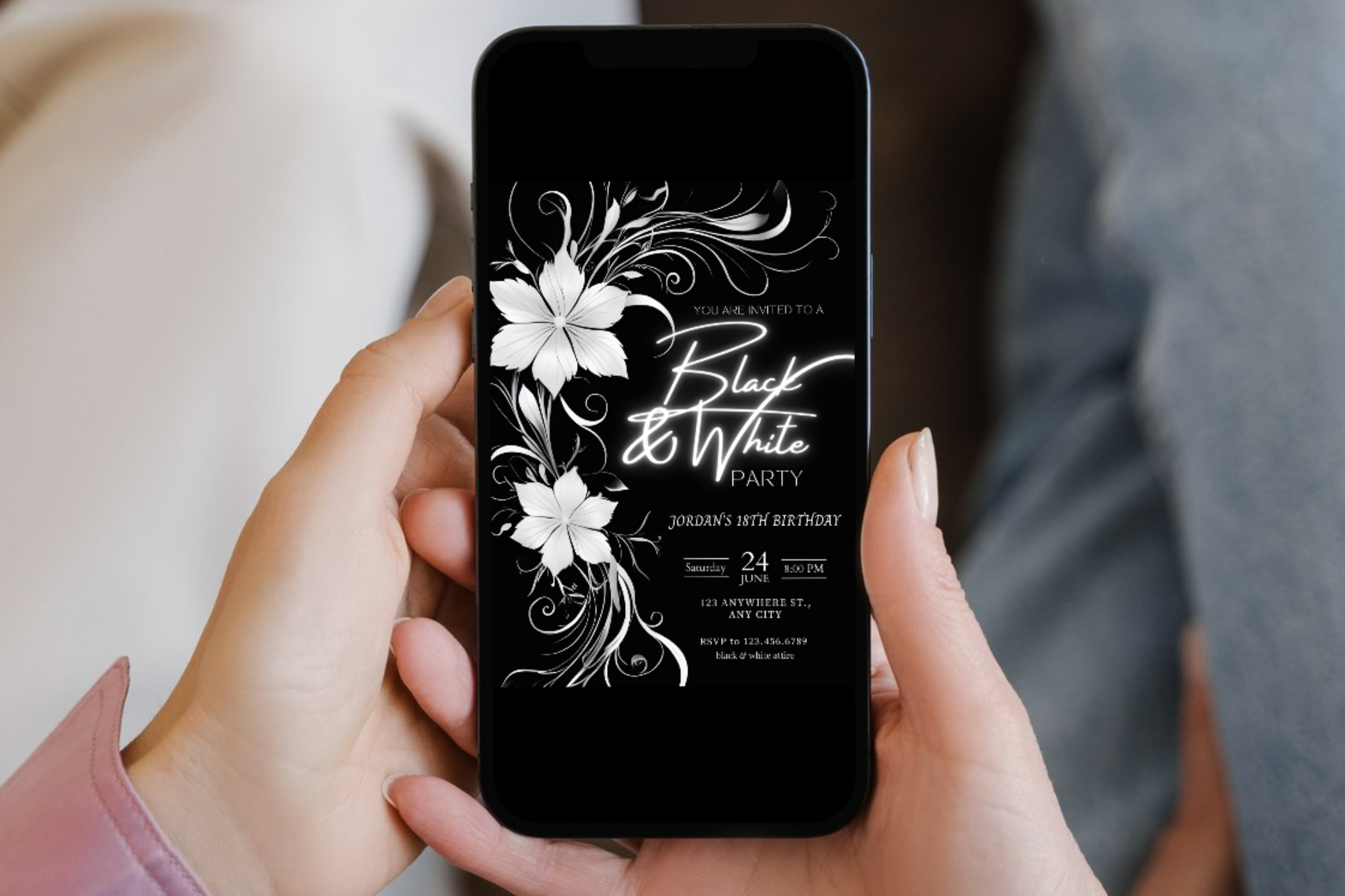 Invitation d'anniversaire Soirée Noire et Blanche | Invitation Fleurs Noires et Blanches | Modèle Canva | Invitation à imprimer soi-même | Modèle n°145