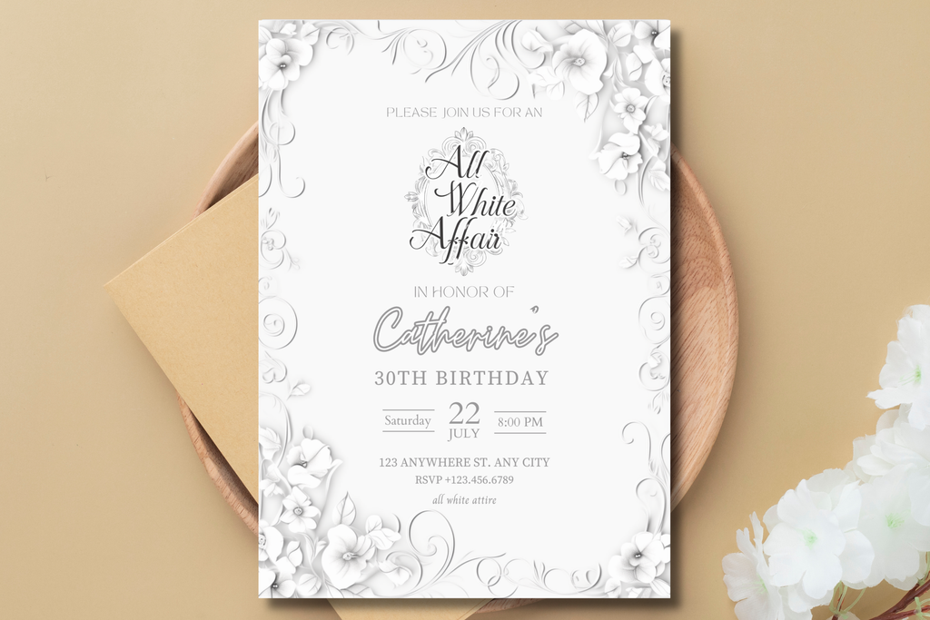 Invitation à une soirée blanche | Invitation d'anniversaire fleurs crème et blanches | Modèle Canva | Invitation à imprimer soi-même | Modèle n°153