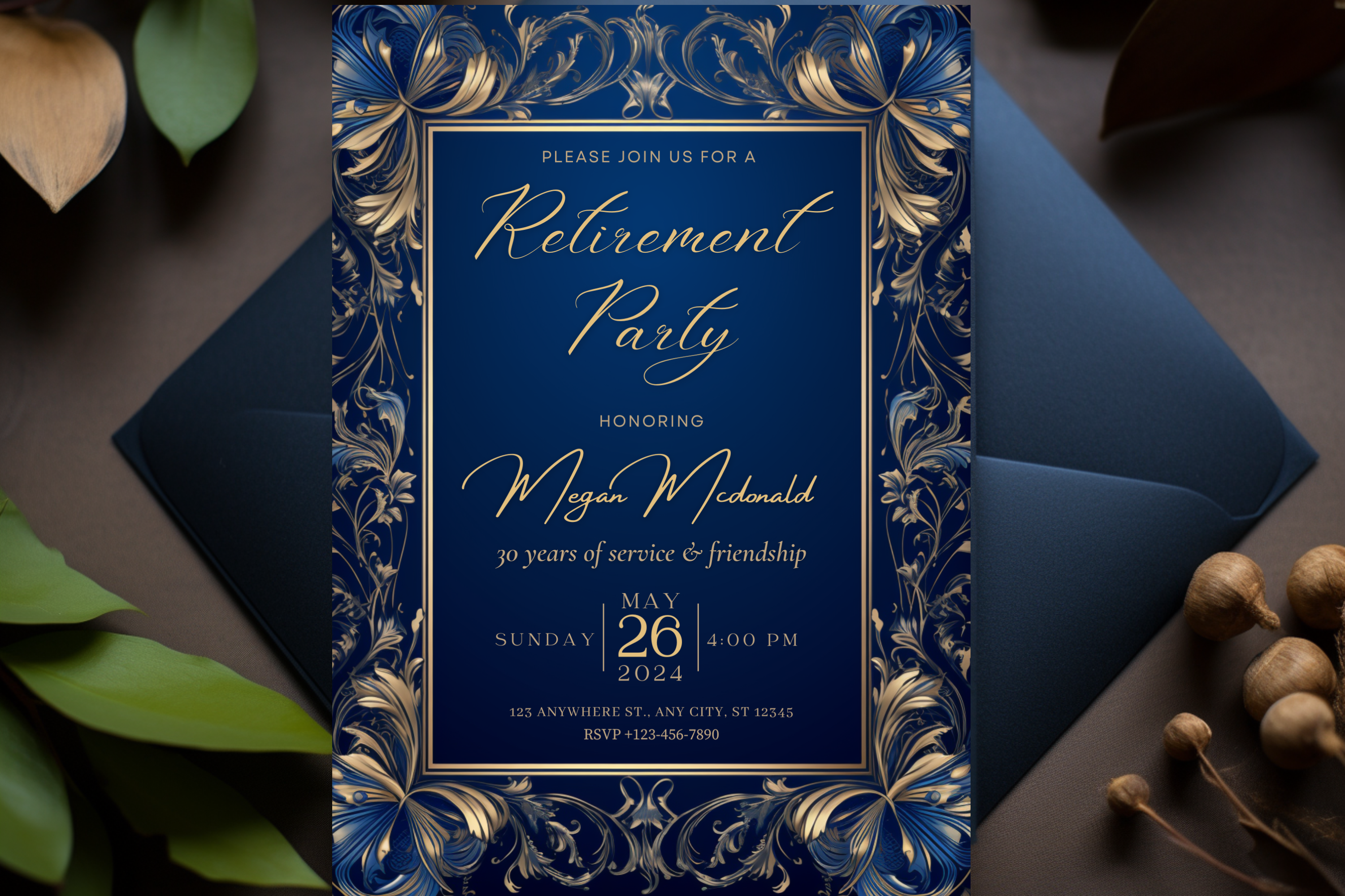 Blue & Gold Retirement Party Invitation | Canva Template | Print at Home Invitation | Design #154